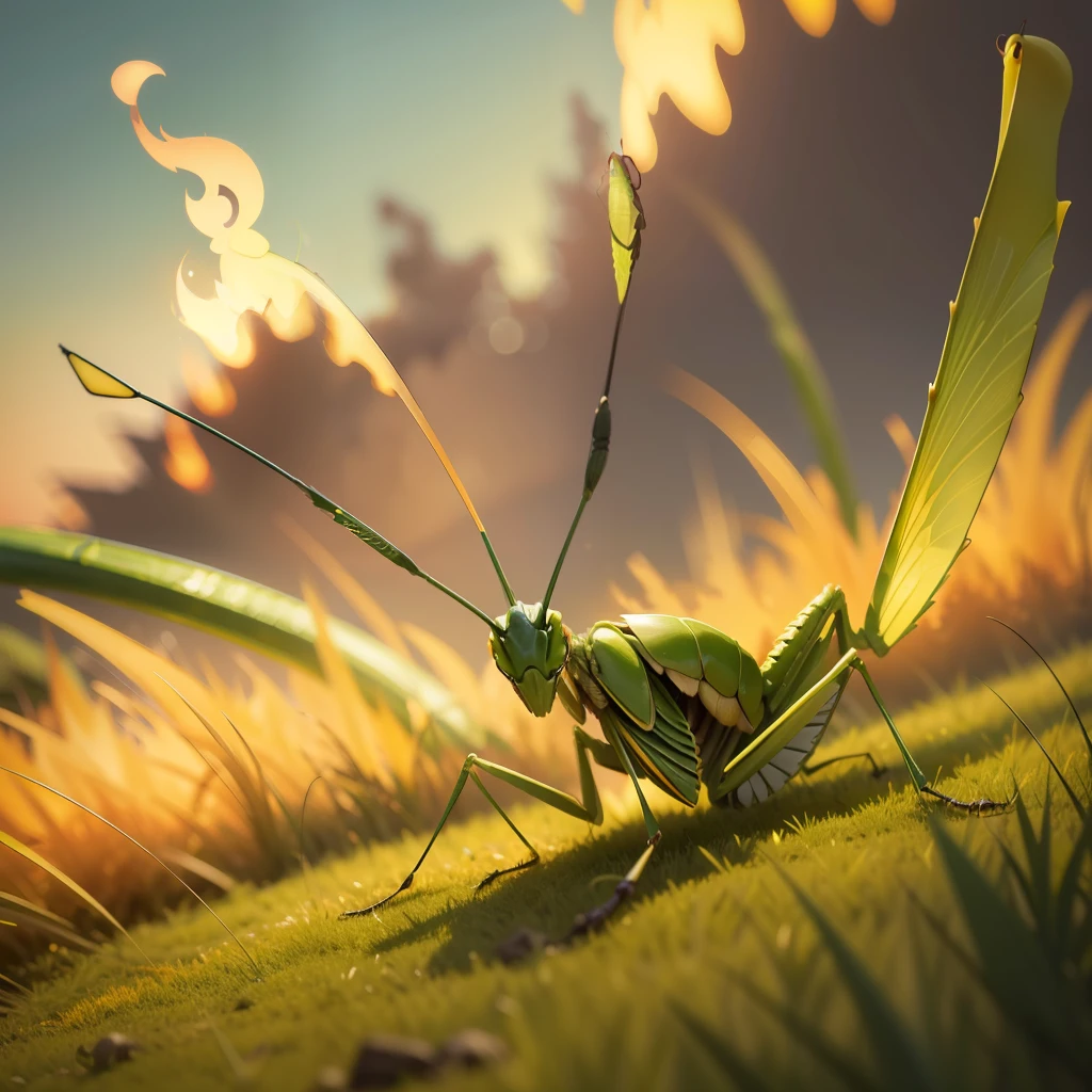 natural green mantis on yellow grass with fire in the background under a yellow sky --auto --s2