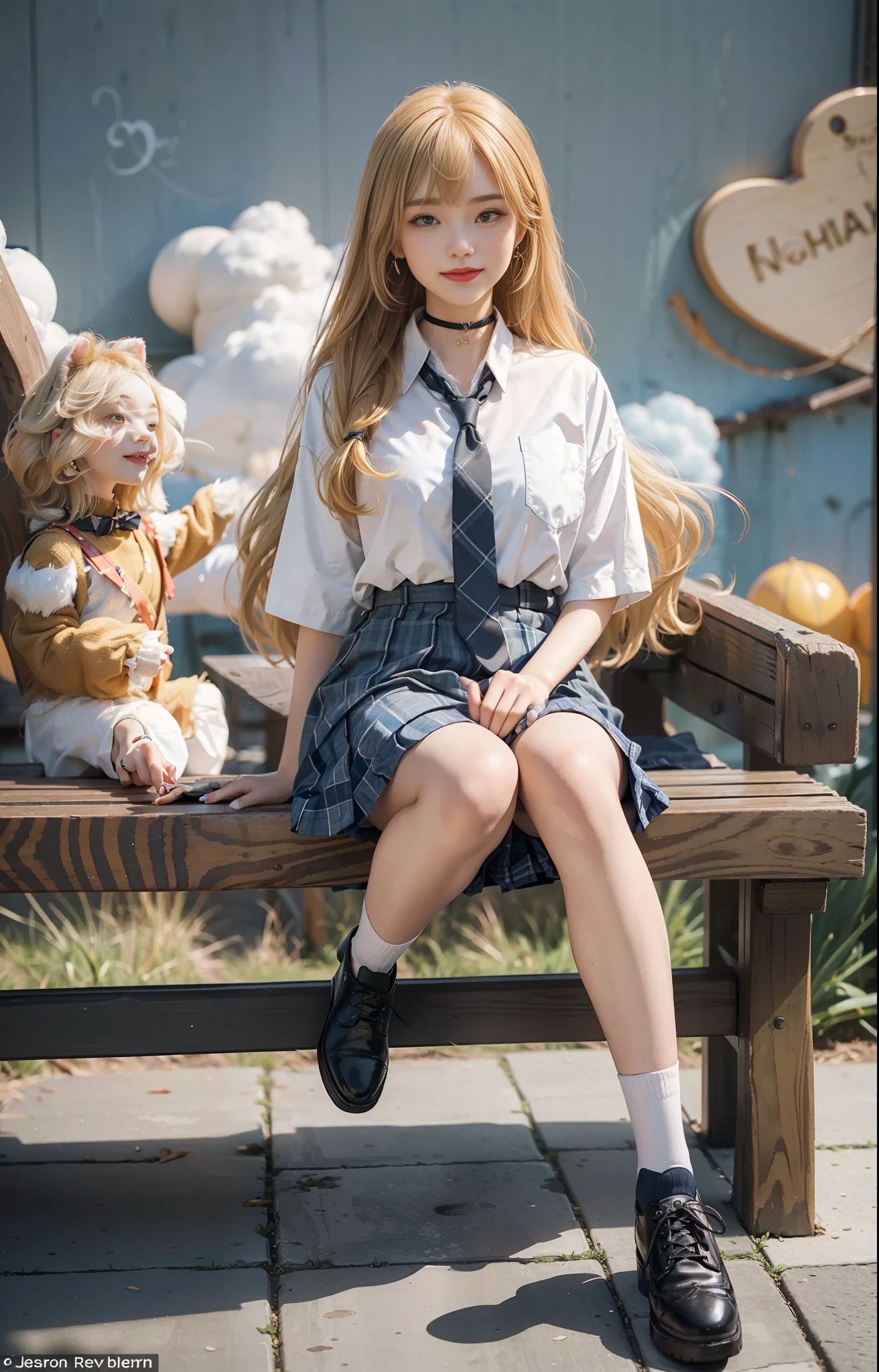 Kitagawa Marin, orange eyes, (1 girl: 1.4) (normal head-to-body ratio: 1.4) (tall long legs: 0.4)
(school uniform), (light blue tie), (blue plaid pattern skirt 1.3), brown leather shoes, (white short socks), blush
(Black choker collar: 0.8) maiden standing (long eyelashes: 1.5), smiling, (sitting on the bench: 1.3)
Blonde/yellow hair, oblique bangs, 8-point bangs, (long eyebrows: 0.9), (red lips: 0.5)
To waist-length hair, long hair, spread hair, full body, smile
earring
(Nail art: 0.5)
, ESFP-A personality type
(25-year-old girl: 0.4)
(Extrovert: 0.9)
assertive
Have one's head in the clouds
daring
Happy
