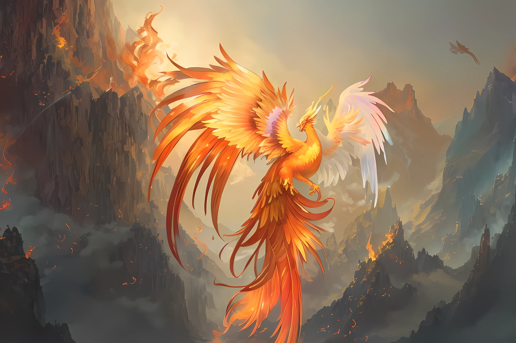 There is a painting of a firebird flying over the mountains, "Phoenix rest wallpaper, Phoenix artwork, Phoenix wallpaper, Phoenix dragon, Phoenix in fire, jellyfish phoenix dragon, jellyfish phoenix, jellyfish phoenix, phoenix rising from ashes, with fiery golden flame wings, phoenix rising, phoenix inspiration, fiery golden wings."