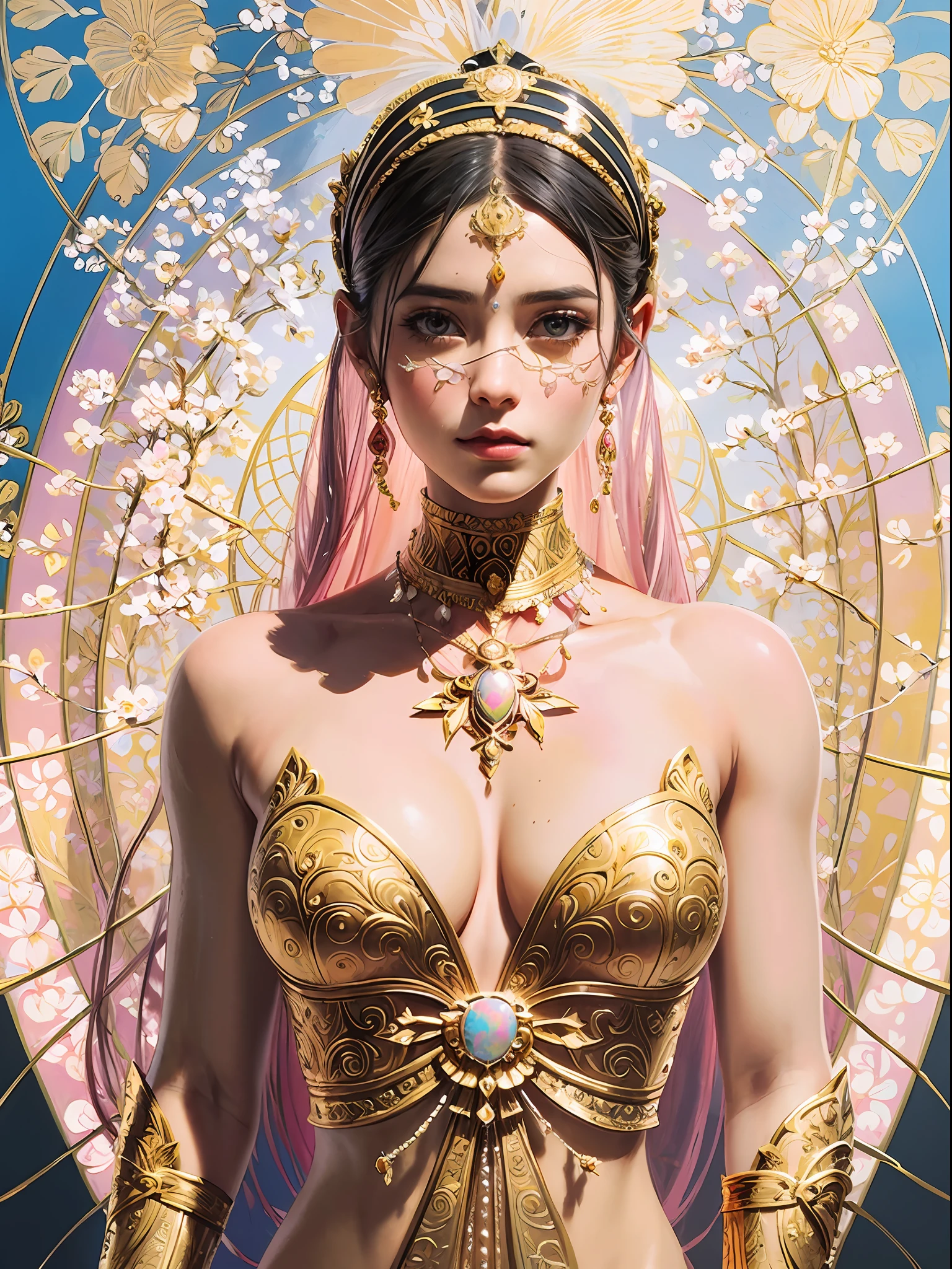 samdoesarts style (symmetry:1.1) (portrait of floral:1.05) beautiful goddess, (assassins creed style:0.8), pink and gold and opal color scheme, beautiful intricate filegrid facepaint, intricate, elegant, highly detailed, digital painting, artstation, concept art, smooth, sharp focus, illustration, art by greg rutkowski and alphonse mucha, 8k