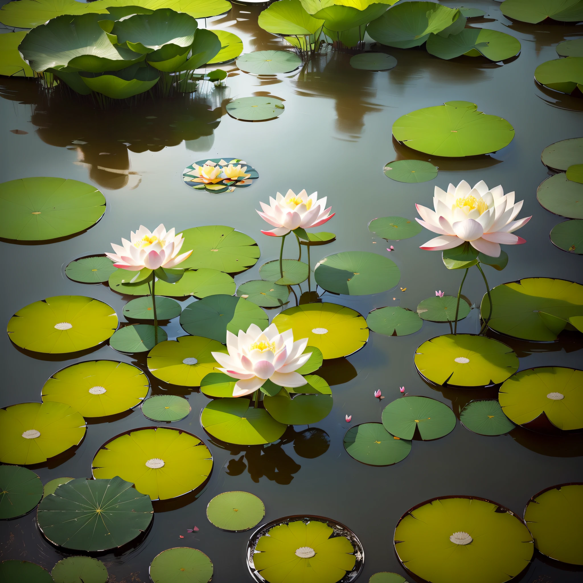 Masterpiece, exquisite, beautiful landscape Deep in the lotus pond, (colorful, vivid, sunny, cool light: 1.2) lotus leaves in the pond. High quality High quality