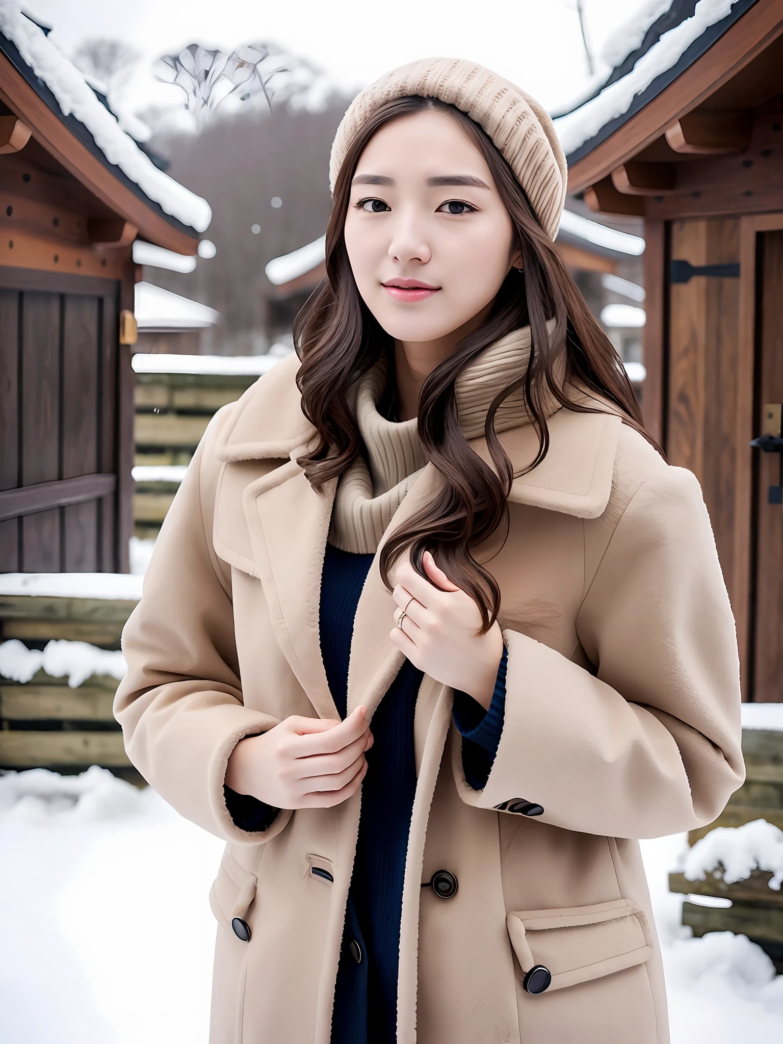 realistic photos of (1 cute Korean star) Shoulder-length hair, thin makeup, medium breasts size, wearing coat, in the snow, clear facial features, 8K high resolution, sharp and realistic details.from outside, Eye-Level Shot, f/4.0, 135mm, Fujifilm, jpeg artifacts, dithering, UHD, masterpiece