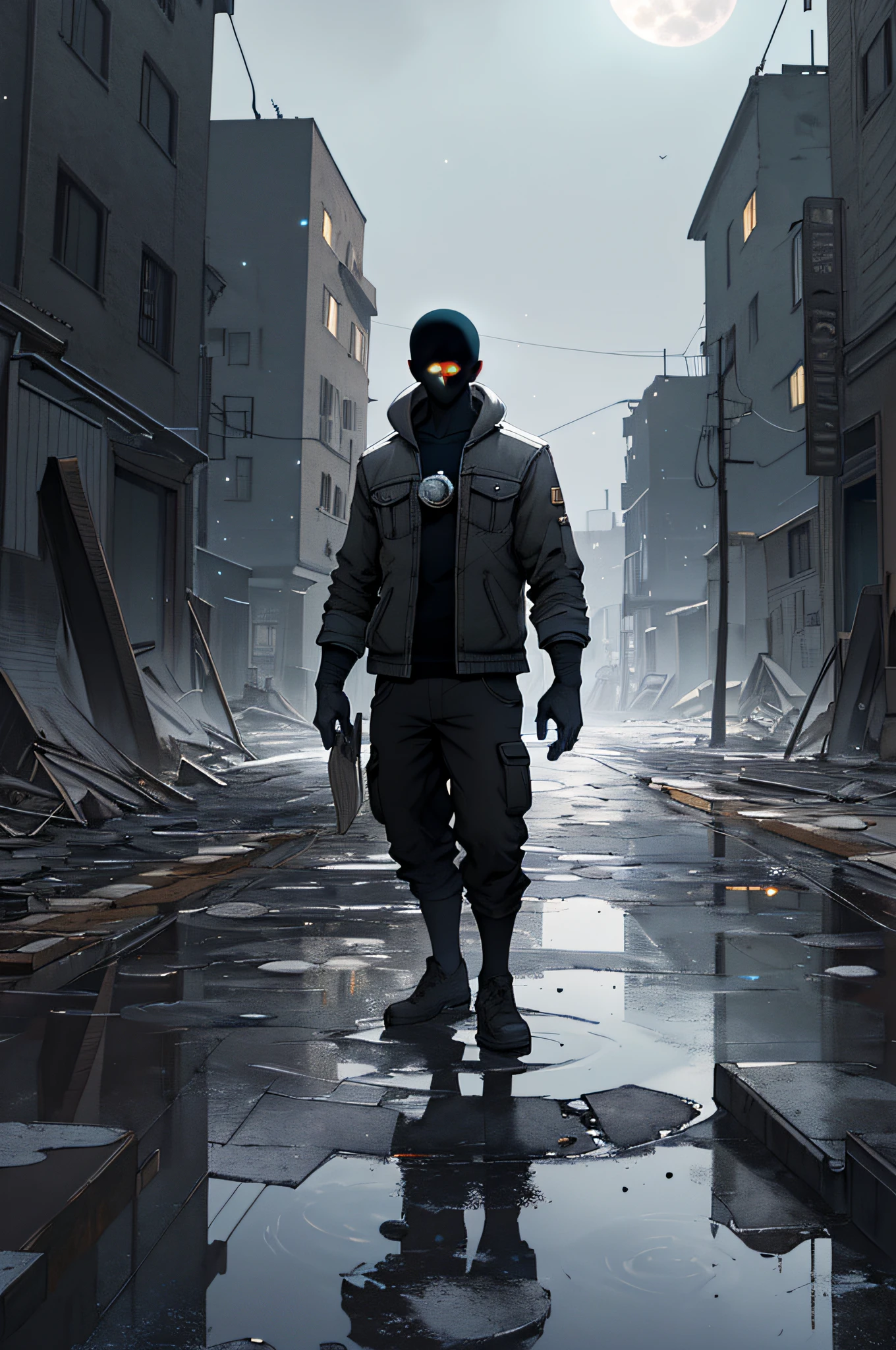 (HD Quality 1) (Masterpiece) In a strange gray world, the potholed ground is covered with (Sparkling Chest 1.2), planets of various sizes floating in the sky, hazy moonlight, surrounded by ruined buildings, (A Strange Dark Shadow 1.1)