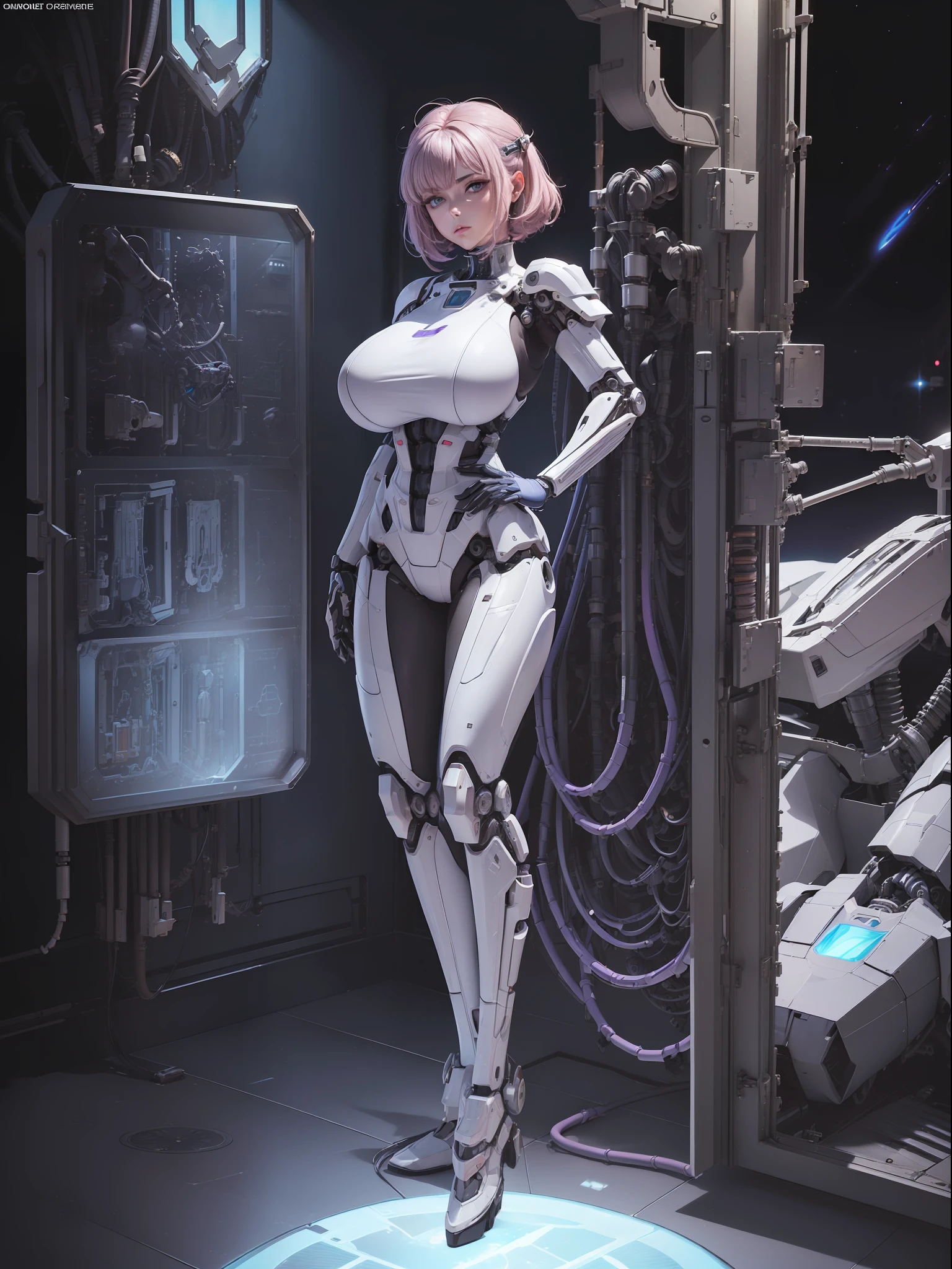 (full body photo:2), (one/woman/mechanic:1.8), (extremely large breasts:1.8), (all mechanical body:2), (with bionic armor:1.5), white with black gears, (she is inside a spaceship near the window seeing outer space:1.5), (she has very short purple straight hair:1.2), (blue eyes:1.2), (moaning:1.5), (blush:1.5), (is doing sensual poses standing up for the viewer:1.5), anime style, Anime, 16k, high quality, textured skin, UHD, award-winning