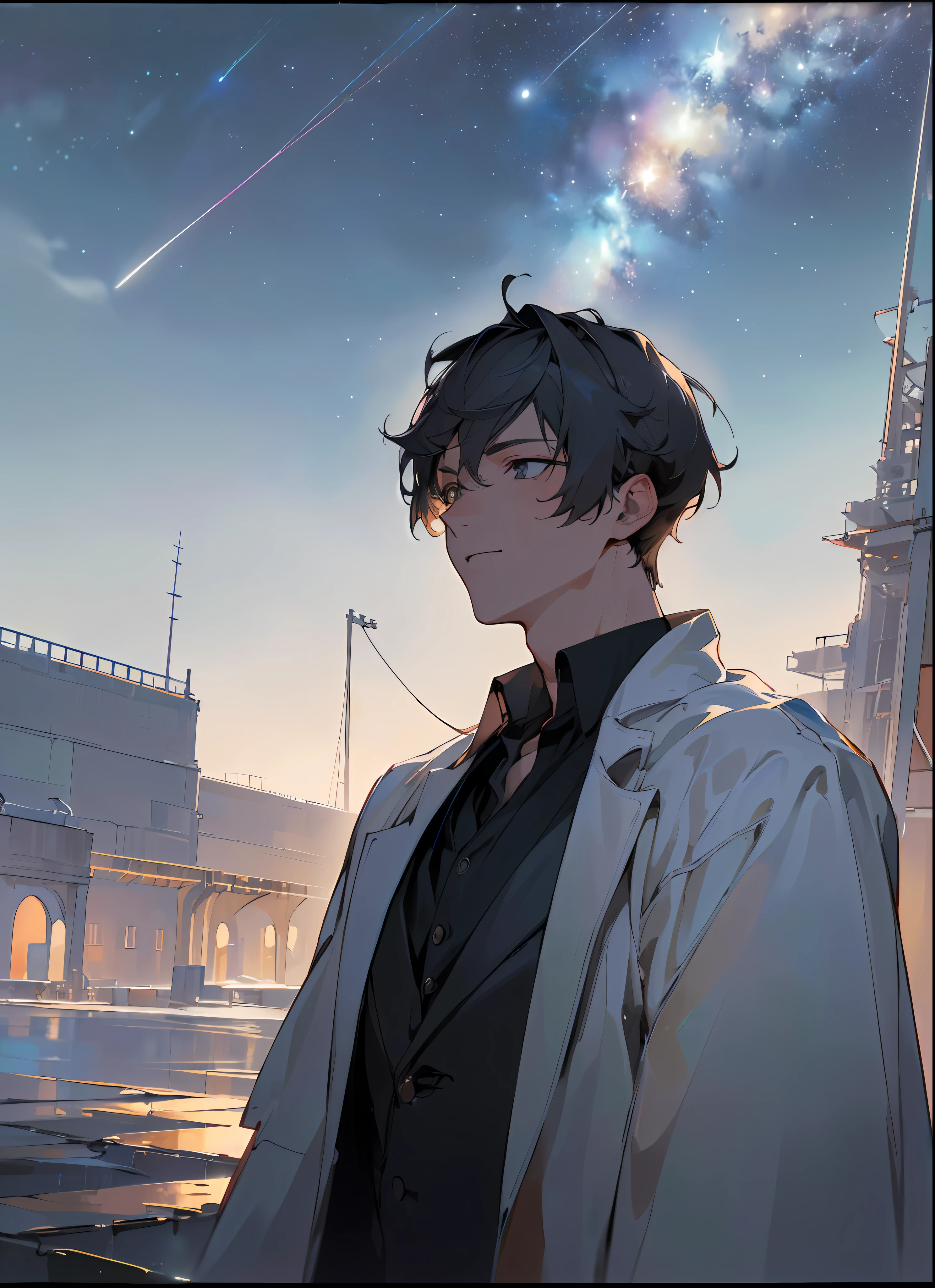 (((8k, RAW photo, best quality, Masterpiece: 1.4))), super high resolution, super detailed, illustration, closeup, handsome male, environment only, broken lab, starry sky, architecture, future, imagination, outdoors