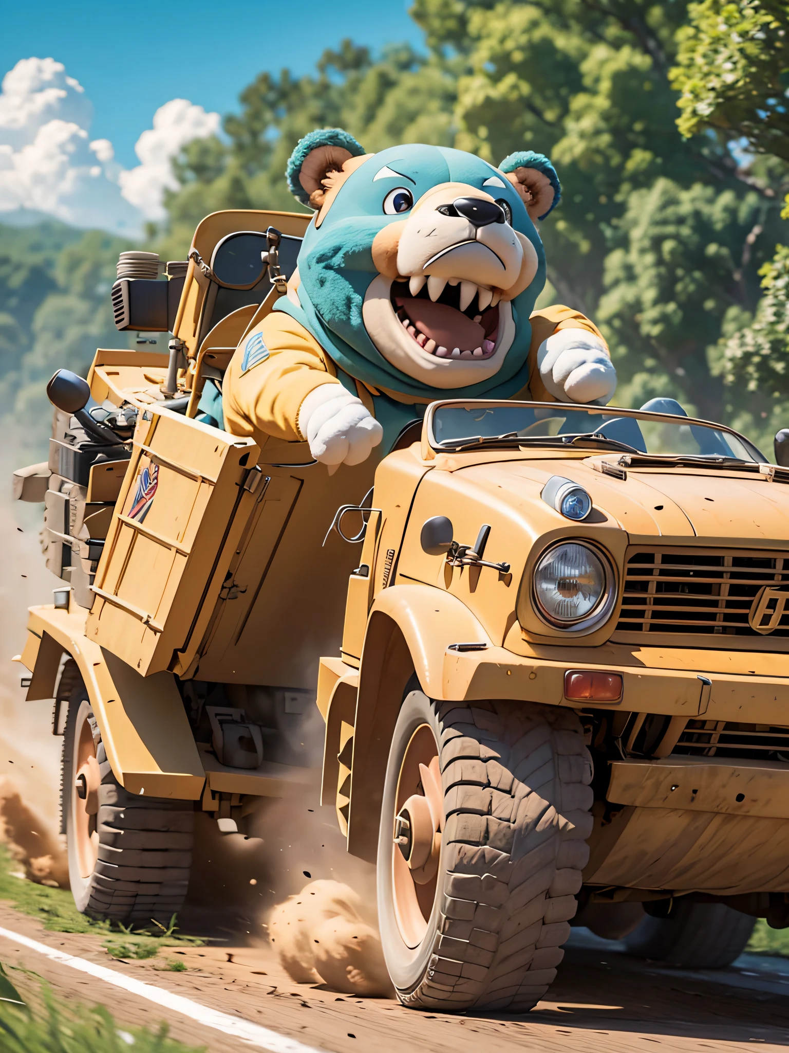 there is a bear riding in the back of a truck, smug look, official artwork, 2045, header text”, still from a live action movie, epic titan winnie the pooh, jake parker, brutus, gigantic titan winnie the pooh, tardigrade wearing sunglasses, winston the ape from overwatch, official art, gmunk, menacing!