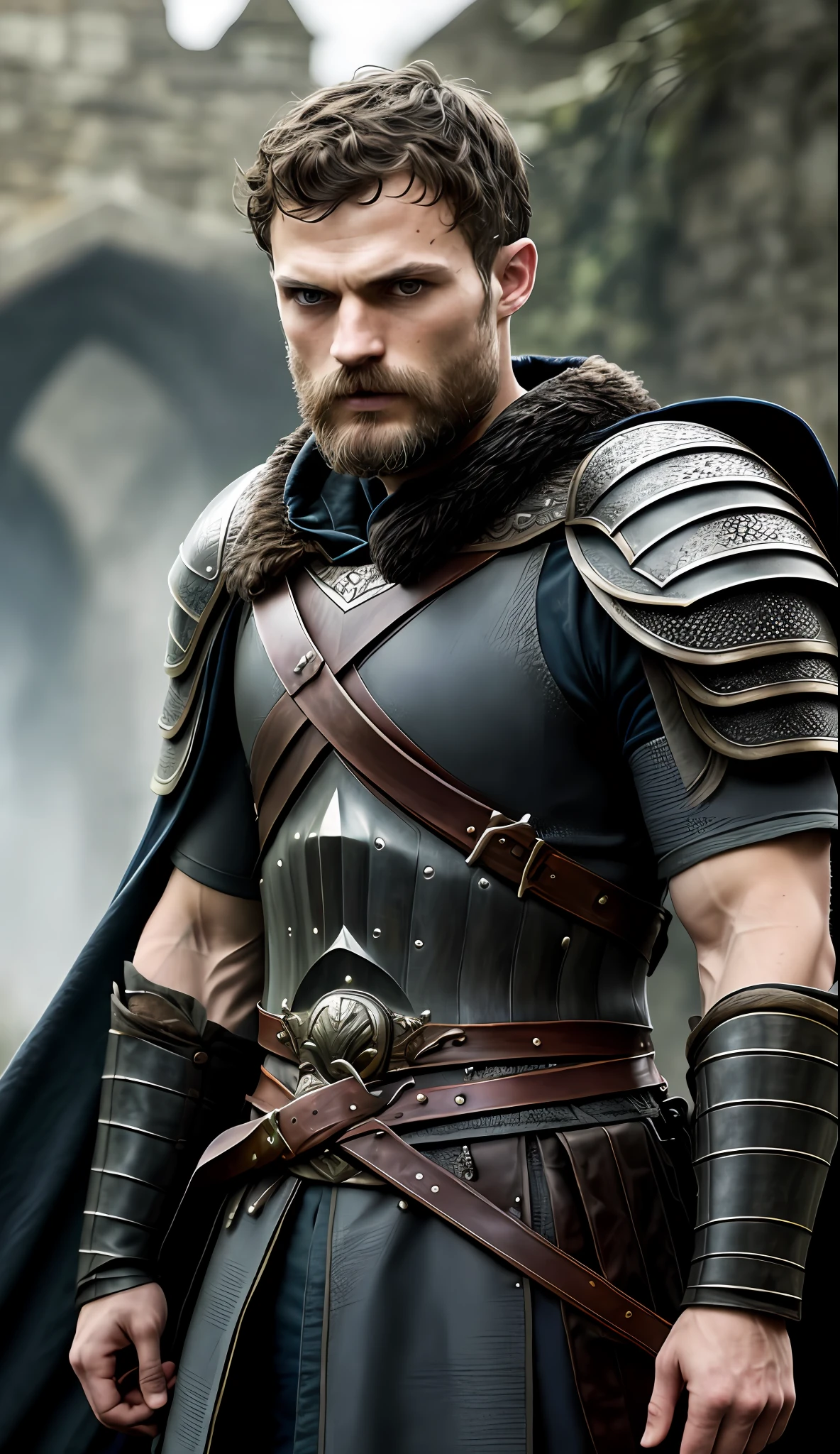 Templar, Using Viking armor, medieval, Knightfall series, dark short hair, focus on the details of the face, serious look looking at the center of the image, wearing tunic, dark beard, similar to actor Jamie Dornan, super detail-oriented, realistic, Jamie Dornan, Templar, blue eyes, cinematic style, Knightfall, 8k resolution, best quality, close up.