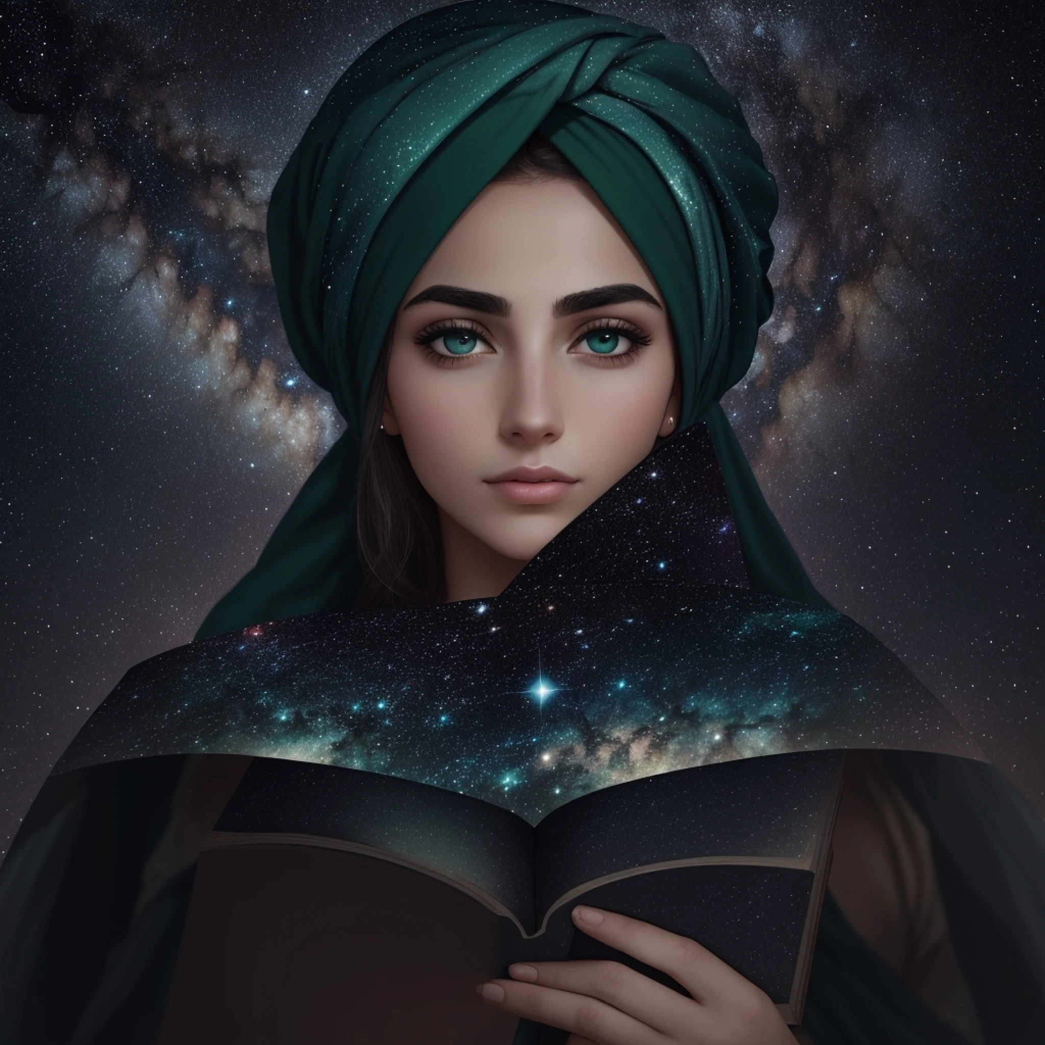 Israeli woman, night, the sky appears milky way, deep, she is thinking with a gorgeous Bible in her hand, thick eyebrows, dark green turban, beautiful, wise, classical, close-up, ultra-realistic, 9:16 size --auto --s2