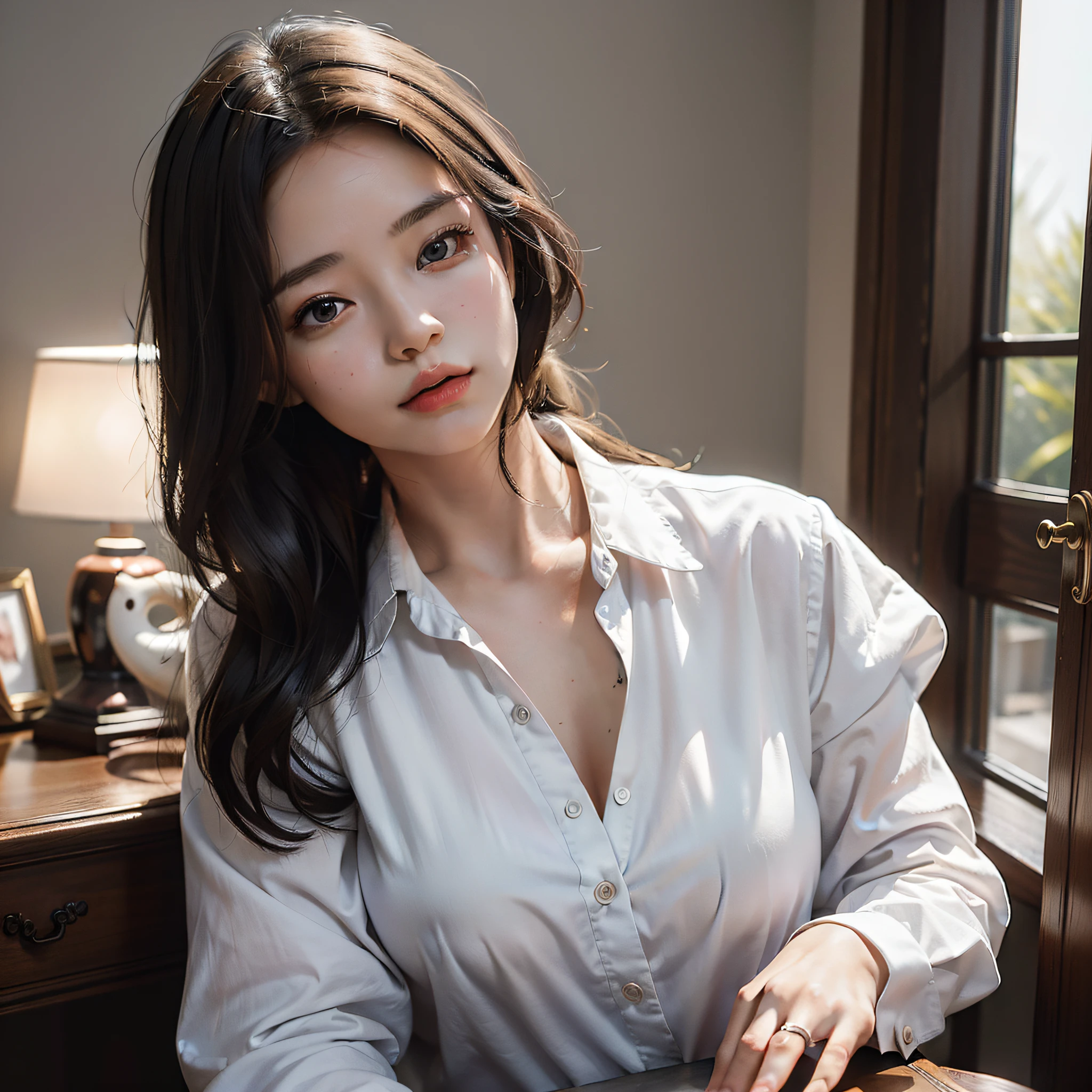 masterpiece, absurdres, photorealistic, majic, A girl in a white shirt dozes off at her desk with her chin in her hands, bookroom table lamp background, (indoor-lighting, 3000K), depth of field, unbuttoned, cleavage, Canon 35mm f/1.2.