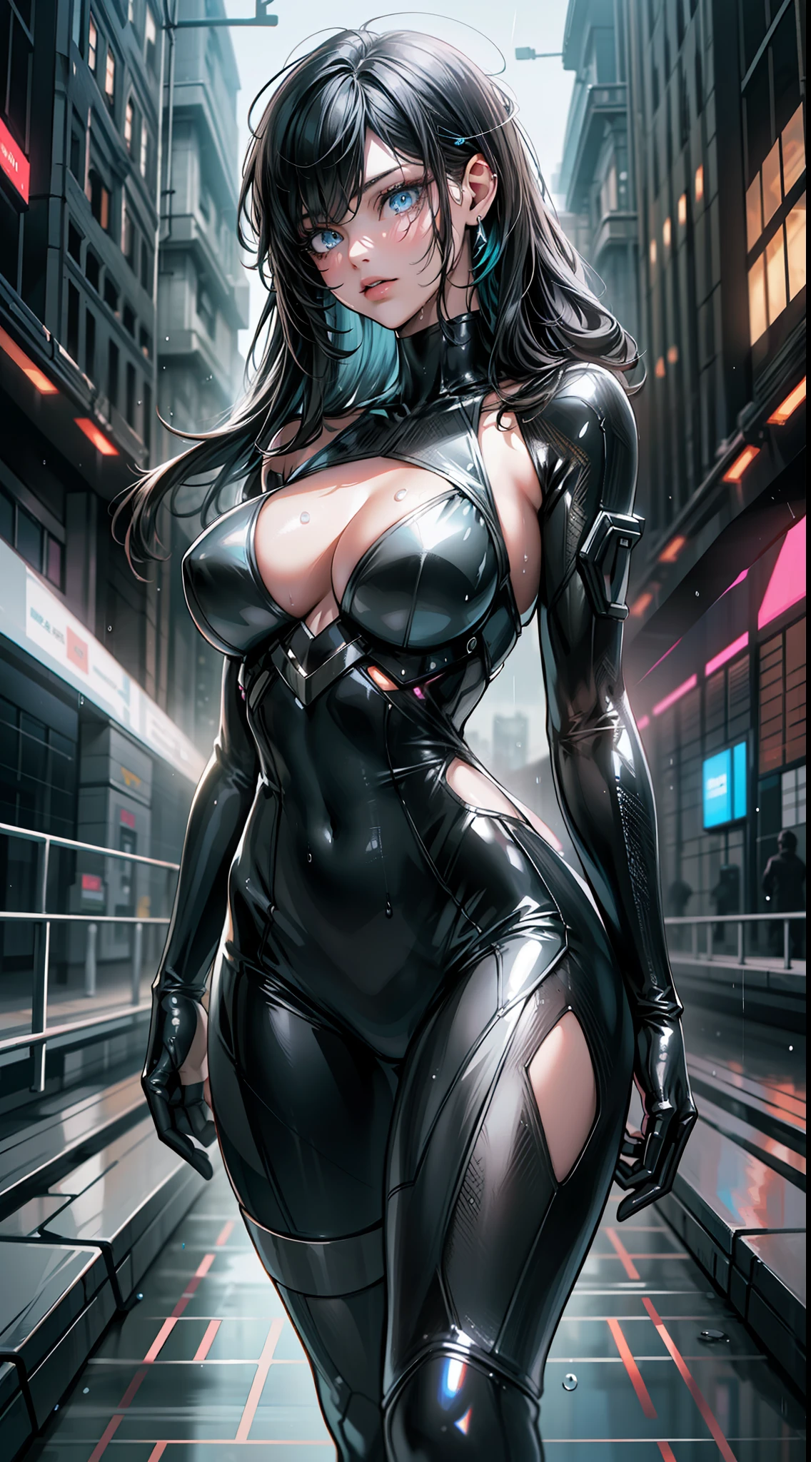 full body shot, 16K, HDR, UHD, best quality, RTX, ray tracing, hyper realistic, ethereal, masterpiece, anime style, dystopian city, cyberpunk era, modern age, futuristic, detailed female body, beautiful woman, detailed rain droplets, wearing vibrant casual streetwear, translucent clothing, chromatic aberration, holographic, iridescent thin film RGB clothing, sleeveless, cleavage, big breasts, ultra beautiful detailed eyes, hyperdetailed face, complex, perfect, model, textured, chiaroscuro, professional make-up, realistic, rough, dominating, figure in frame, by WLOP, cinematic lighting, award winning,