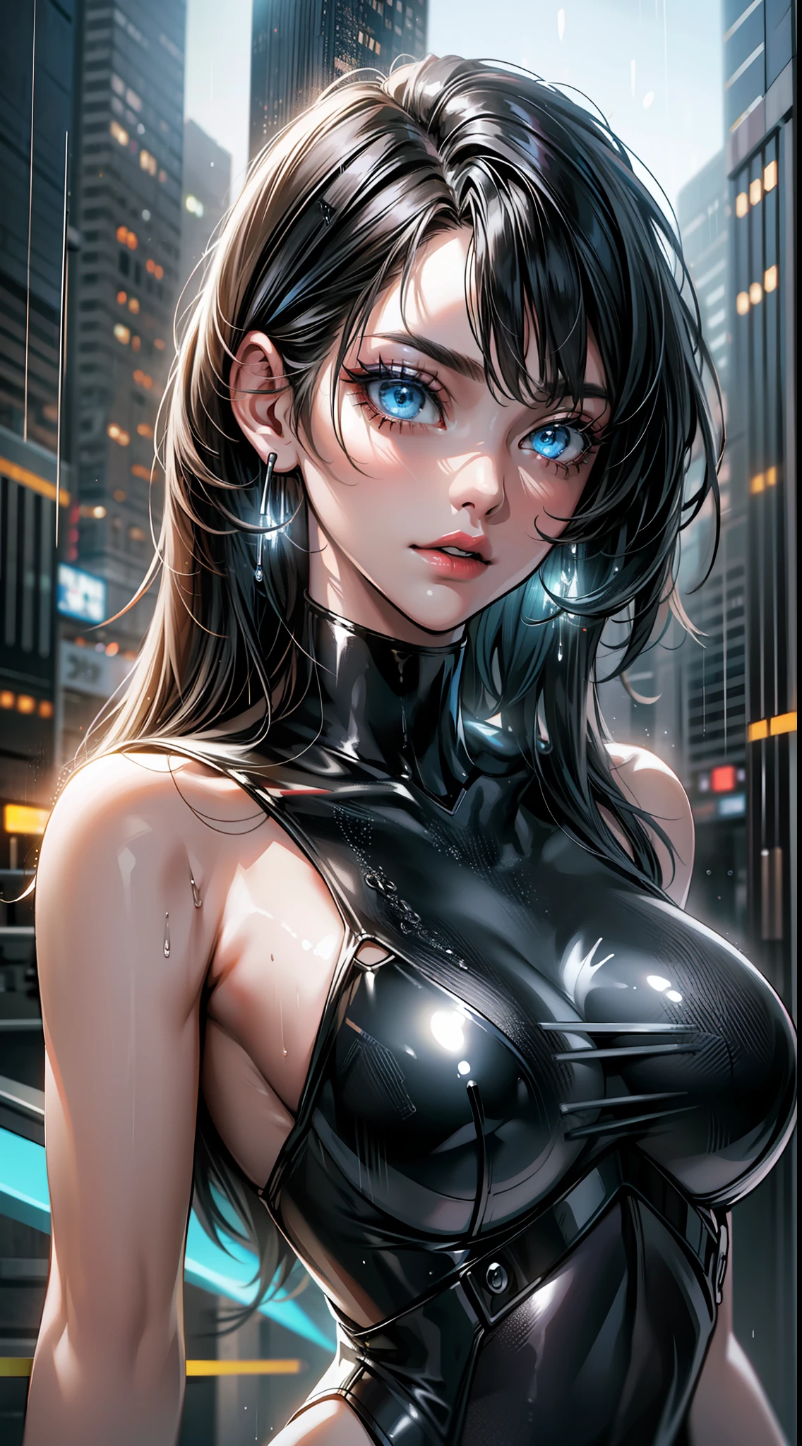 3/4 body shot, 16K, HDR, UHD, best quality, RTX, ray tracing, hyper realistic, ethereal masterpiece, anime style, dystopian city, cyberpunk era, modern age, futuristic, long shot, beautiful woman, detailed rain droplets, wearing vibrant casual streetwear, translucent clothing, chromatic aberration, holographic, iridescent thin film RGB clothing, sleeveless, cleavage, big breasts, ultra beautiful detailed eyes, hyperdetailed face, complex, perfect, model, textured, chiaroscuro, professional make-up, realistic, rough, dominating, figure in frame, by WLOP, cinematic lighting, award winning,