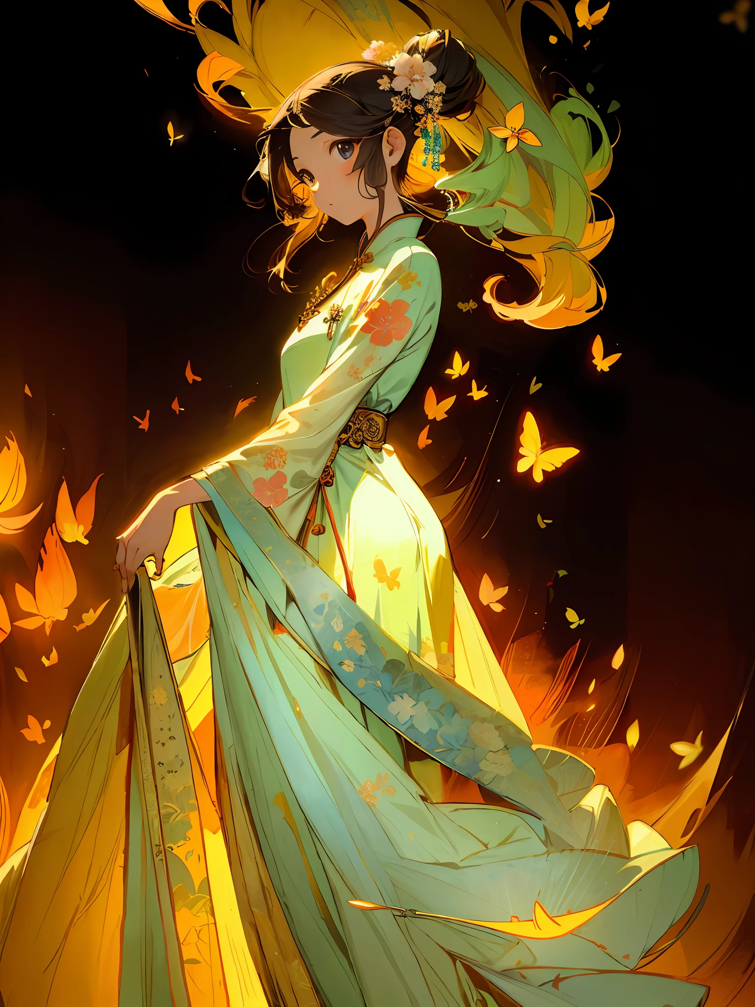 Masterpiece, high quality, highly detailed, (flat color), (pixiv:1.4), Gongbi painting of the Song Dynasty, 1girl, solo, detailed beautiful face and eyes, china dress, detailed background, flowers,
illustration, vivd color, cinematic lighting,