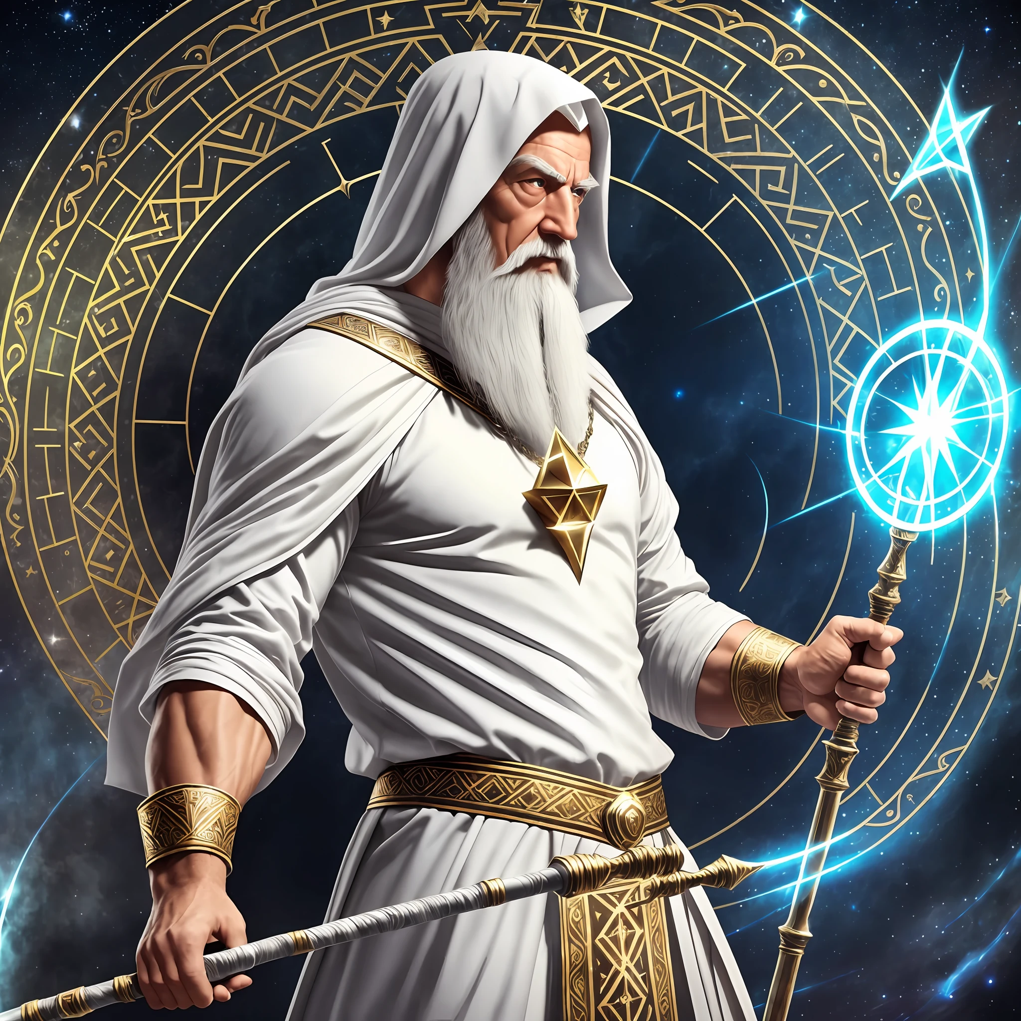 magv1ll, old wizard, white tunic, staff, magic background, brightness, magic, muscular, imposing, making gestures sacred geometry with his staff, super realistic, agrassive gestures --auto --s2