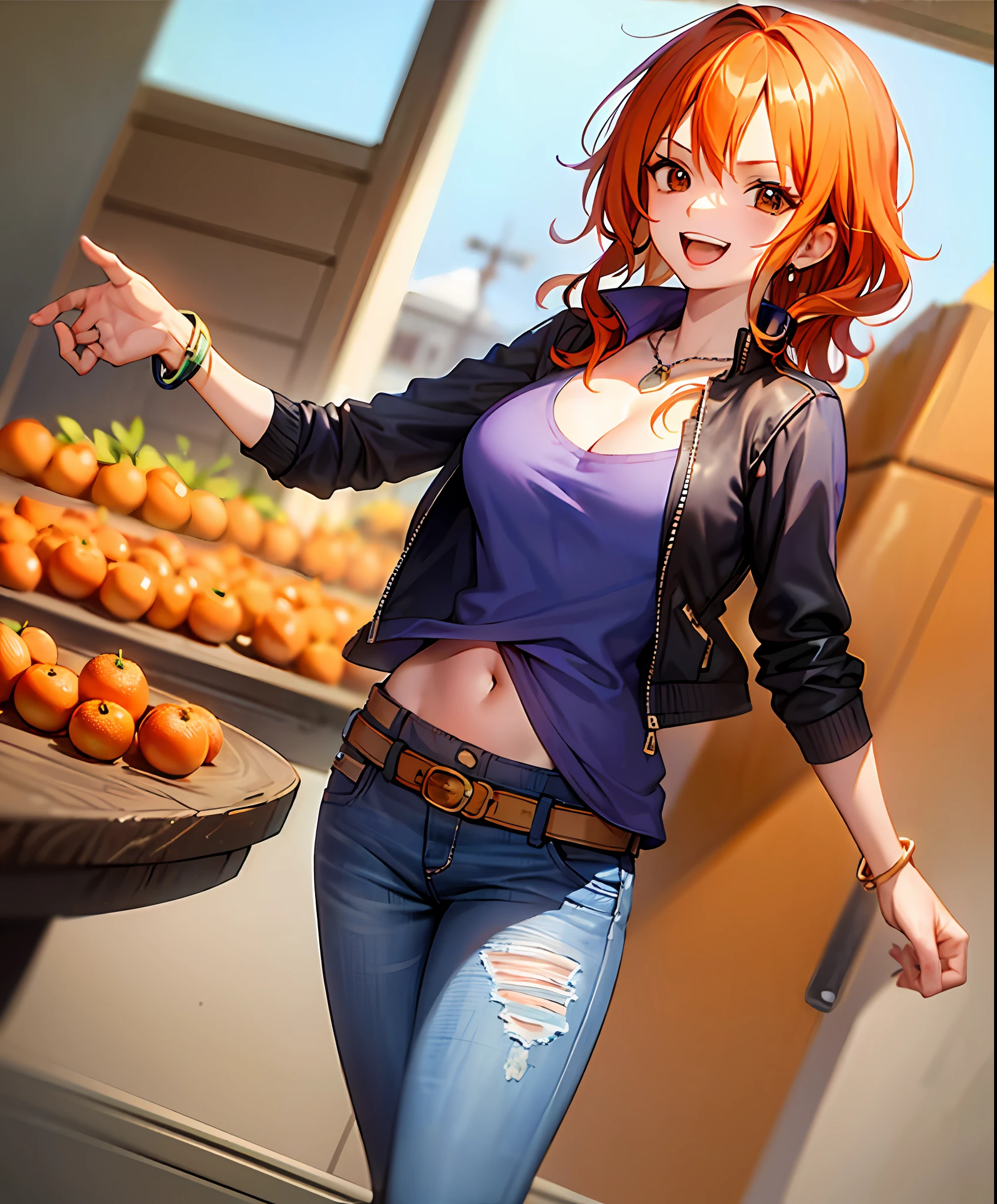 (bestquality,masterpiece) ,NamiOP, jewelry, smile, cleavage, earrings, bracelet, navel, short pants, jeans, :d, groin, holding, closed_eyes, standing, blue_pants, blurry_background, solo_focus, blurry, food, fruit, orange_\(fruit\), holding_food, holding_fruit, mandarin_orange, ((jacket)), eyes open, ((open eyes)), look at viewer, face at viewer, orange hair,