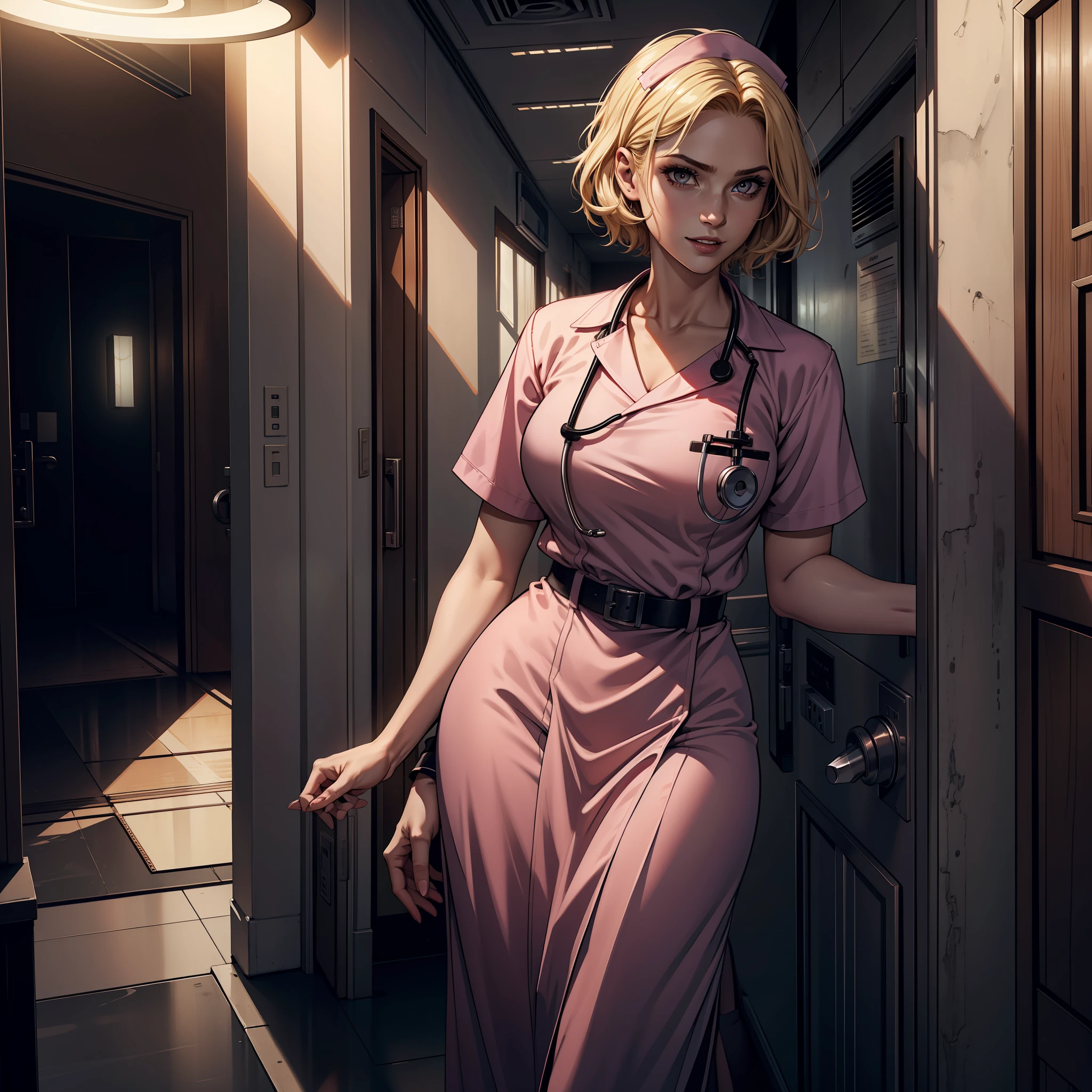 (extremely detailed 8k wallpaper), dark theme, Vampire the Masquerade, modern horror, 2020s, young woman, wearing pink nurse uniform, stethoscope on neck, sharp focus, (subsurface scattering:1.1), award-winning photography, centered face, half-body photo:1.1, very short blonde hair, brown eyes:1.2, cheerful expression, inside hospital hallway, dramatic lighting