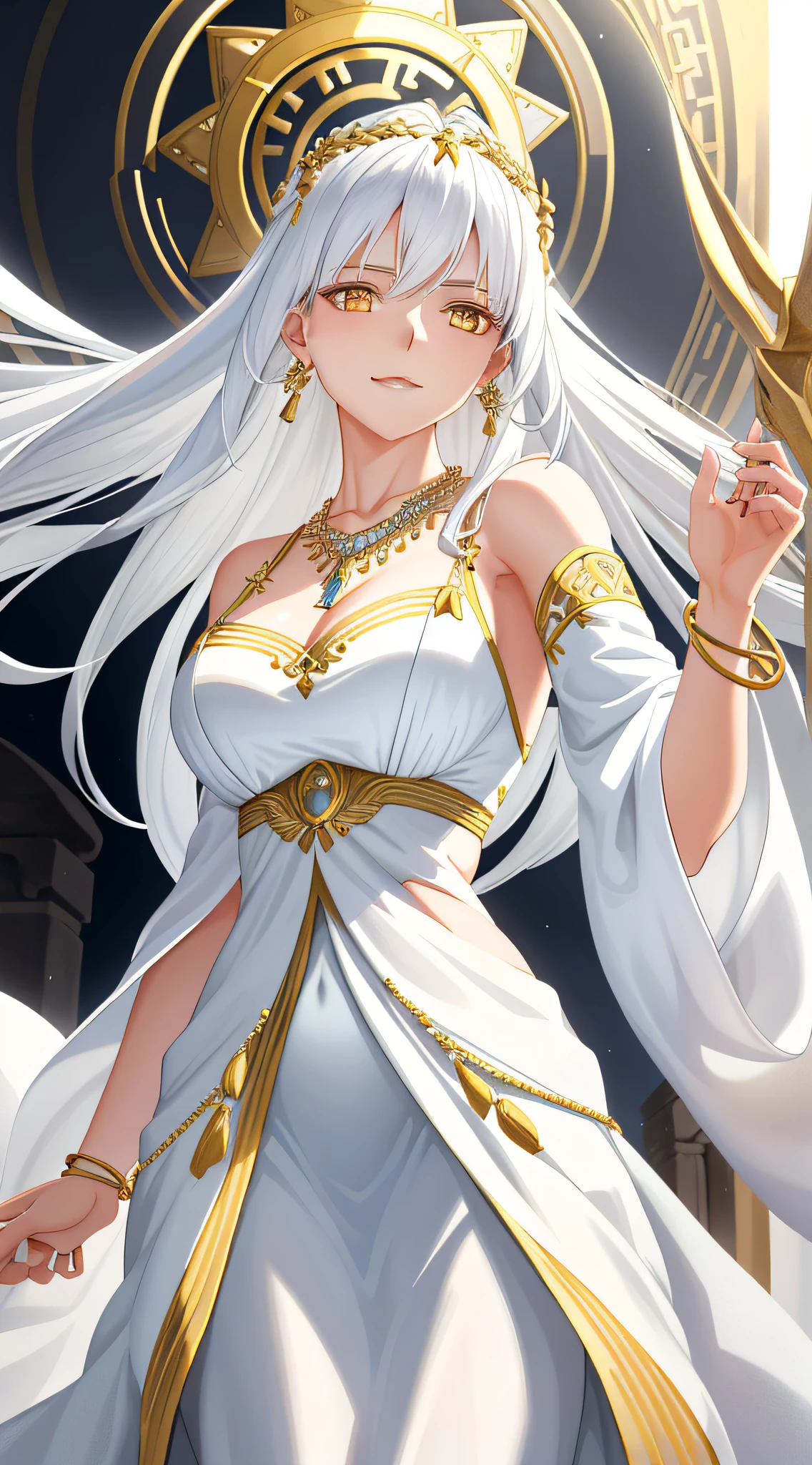 1girl, mature woman, immortal, goddess, greek clothes, white clothes, bare shoulders, yellow eyes, necklace, white hair, long hair, hair ornaments, (masterpiece:1.2), (best quality:1.2), godlike, divine, [expressionless:light smile:0.5], (from below, angle view), detailed background, cowboy shot,