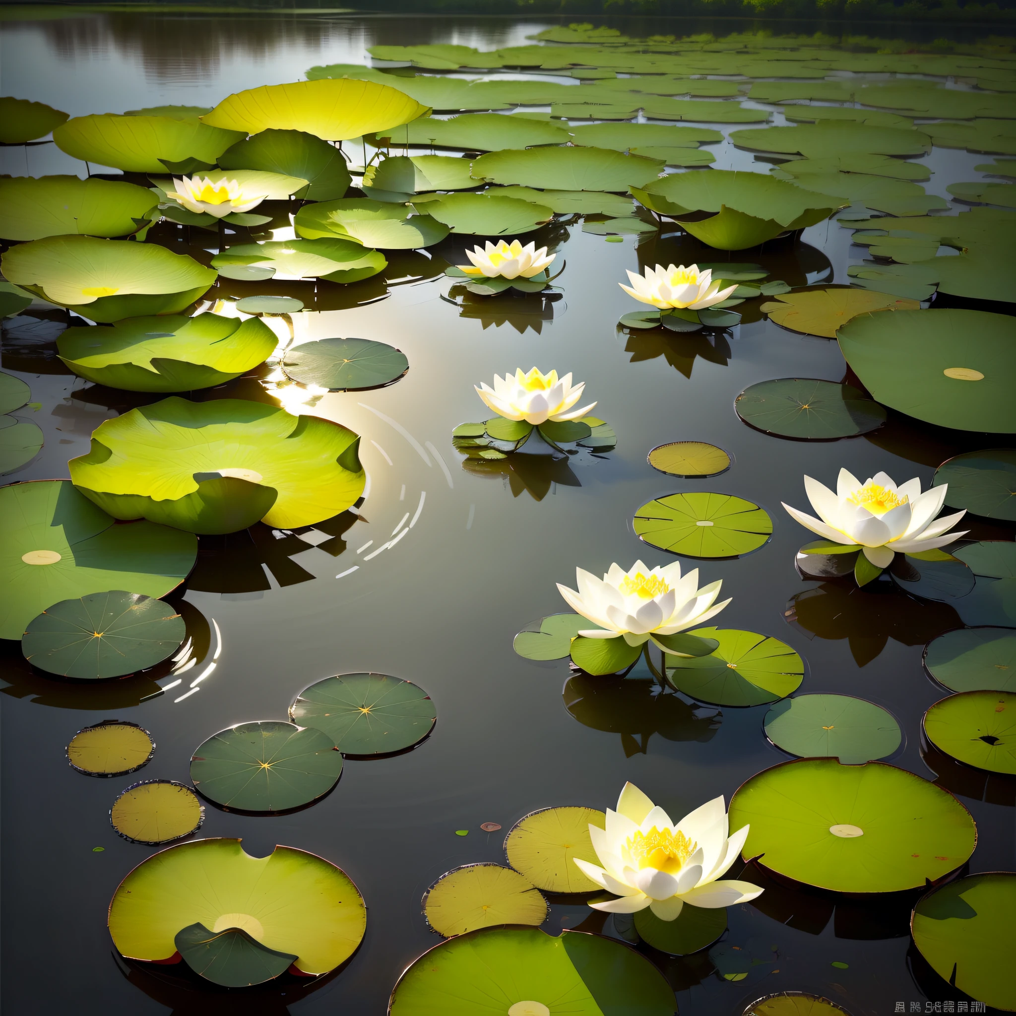 Masterpiece, exquisite, beautiful landscape Deep in the lotus pond, (colorful, vivid, sunny, cool light: 1.2) lotus leaves in the pond. High quality High quality