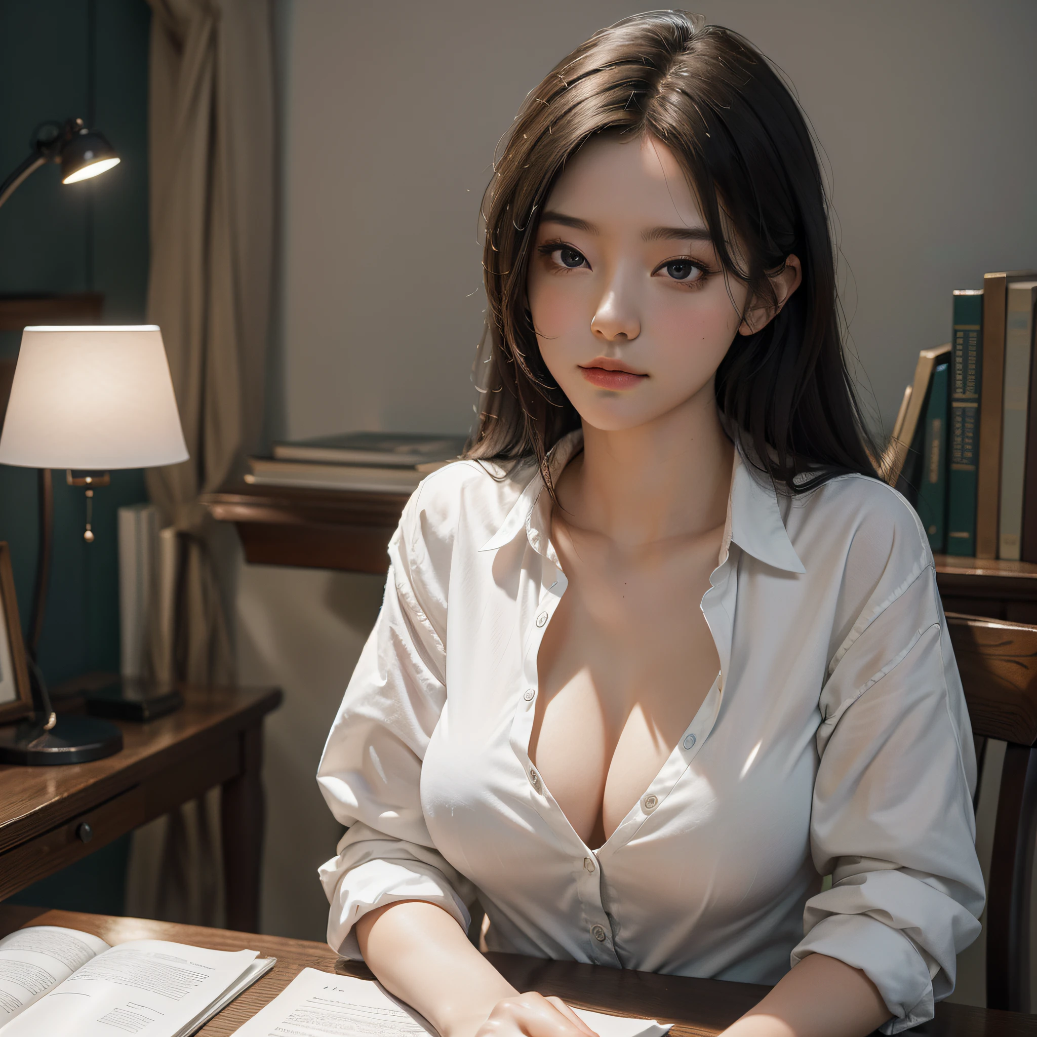 masterpiece, absurdres, photorealistic, majic, A girl in a white shirt dozes off at her desk with her chin in her hands, bookroom table lamp background, (indoor-lighting, 3000K), depth of field, unbuttoned, cleavage, Canon 35mm f/1.2.