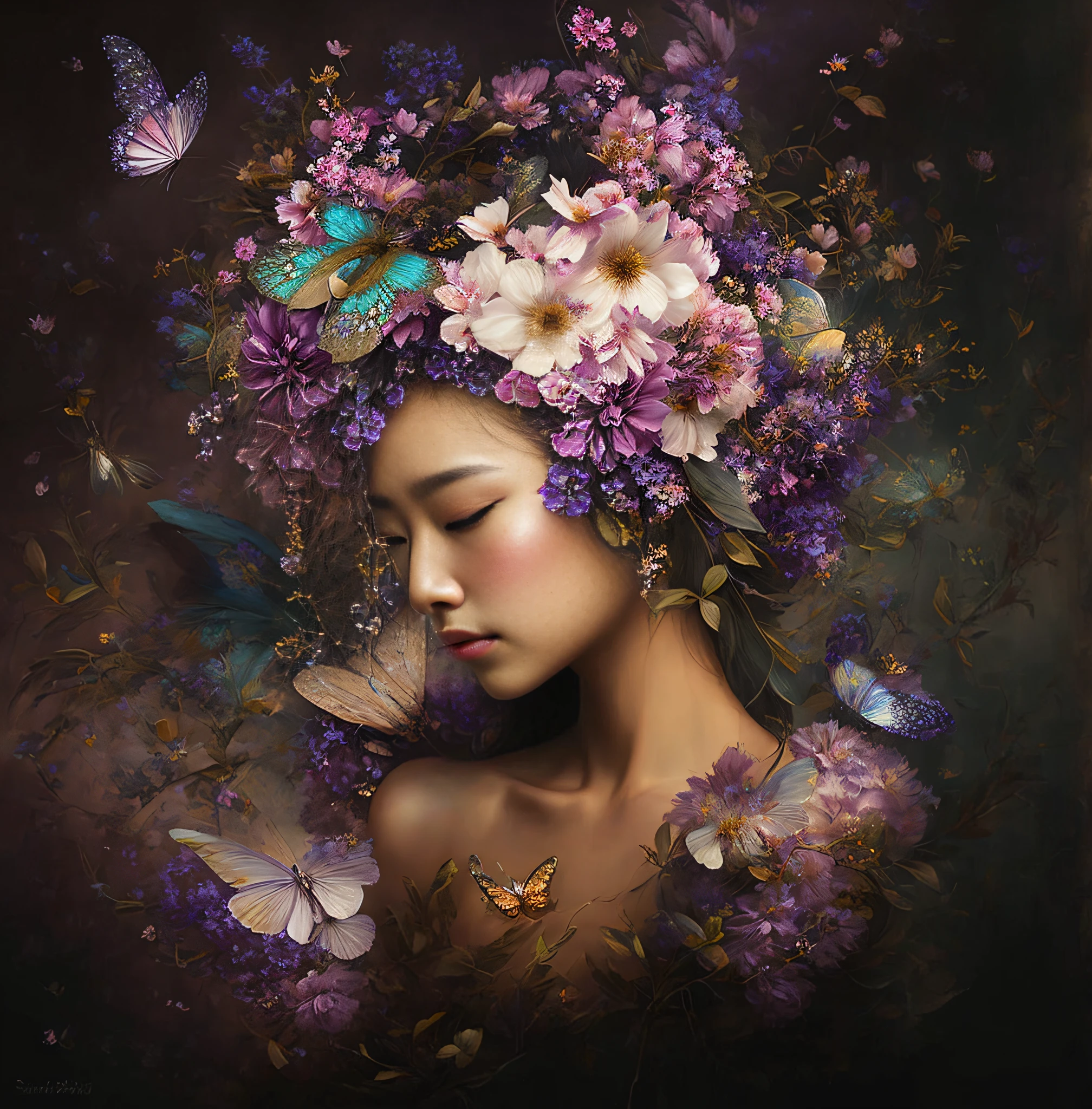 An Asian woman wearing a flower crown and butterfly in her hair, star face, fresh face, double eyelids, gaze with god, flower goddess, gorgeous digital art, woman in flowers, flower queen, beautiful surreal portrait, her face is lilac flowers, beautiful digital artwork, beautiful gorgeous digital art, beautiful digital art, beautiful digital art, beautiful fantasy portrait, flower storm portrait, surrealist digital artwork, beautiful fantasy art portrait, beautiful artwork