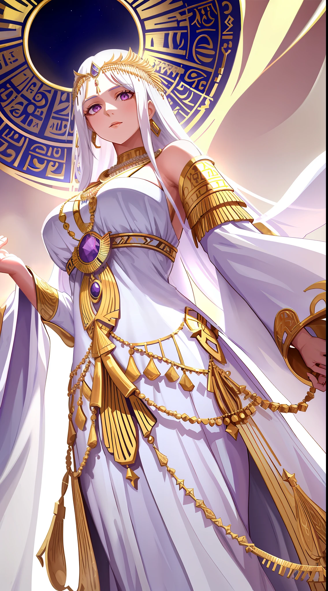 1girl, mature woman, immortal, goddess, egypt clothes, white clothes, bare shoulders, purple eyes, necklace, white hair, long hair, hair ornaments, (masterpiece:1.2), (best quality:1.2), godlike, divine, (from below, angle view), detailed background, cowboy shot,