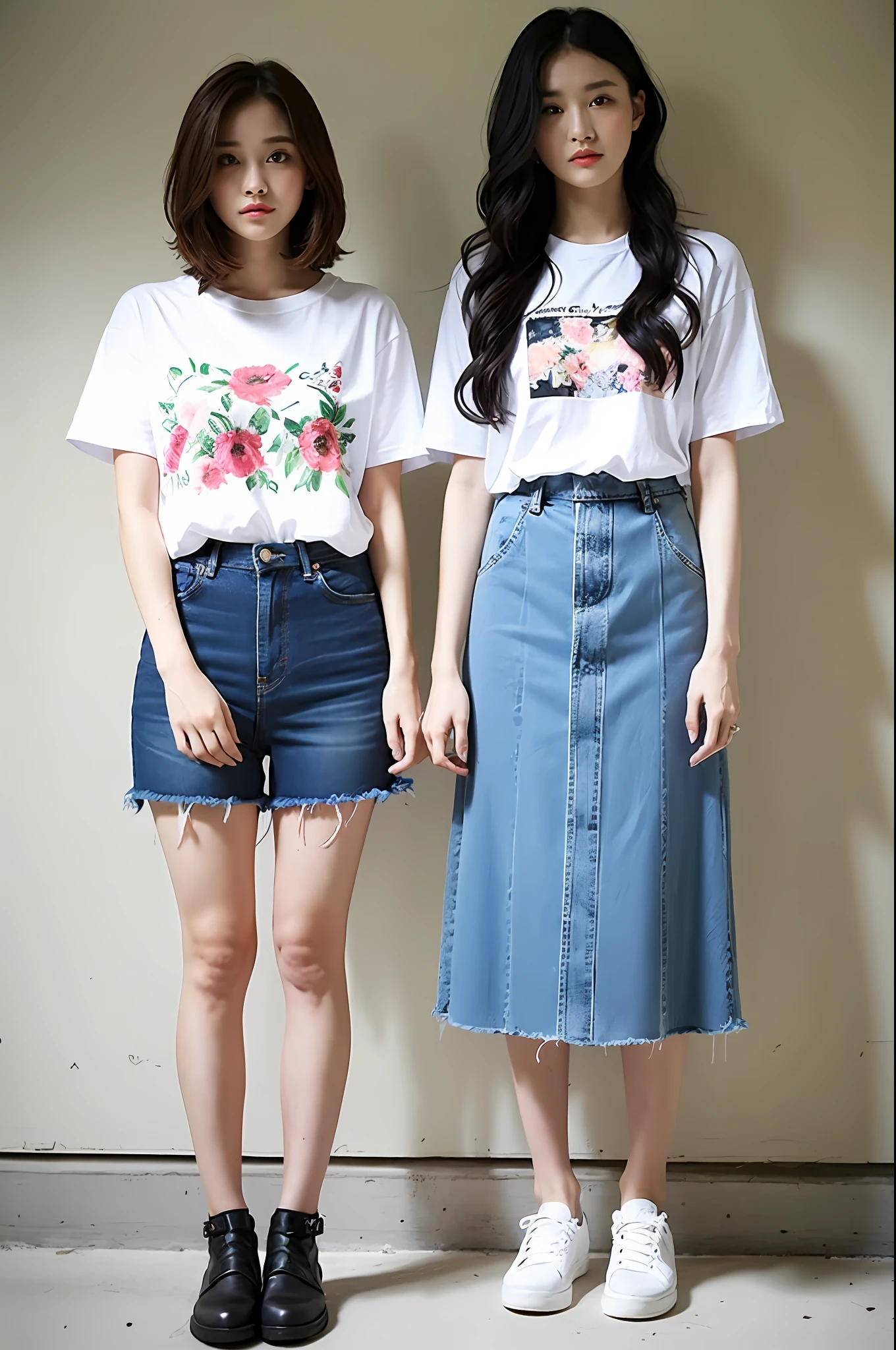 5. Cool T-shirt + Denim Maxi Skirt
As the temperature rises, we always need a cool and comfortable T-shirt. A white cotton T-shirt with floral patterned lettering is very popular, simple and bright yet sweet and comfortable. Paired with denim maxi skirt or shorts, you can instantly create a fashionable look!