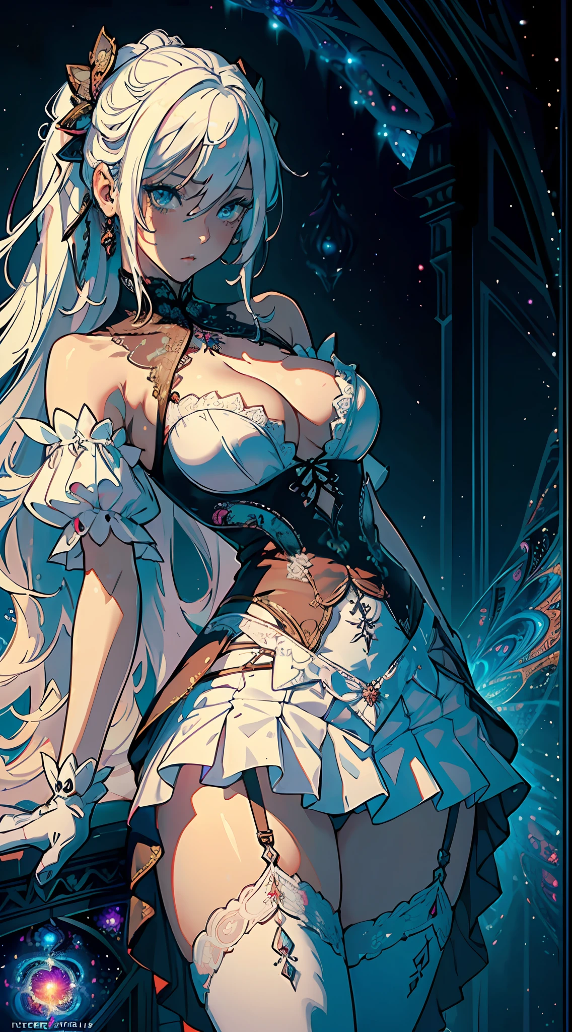 (sexual innuendo,masterpiece, top quality, best quality, official art, beautiful and aesthetic:1.2), (1girl), extreme detailed,(fractal art:1.3), colorful, highest detailed, white hair, white lace skirt, miniskirt,micro skirt,white gloves,lace thighs