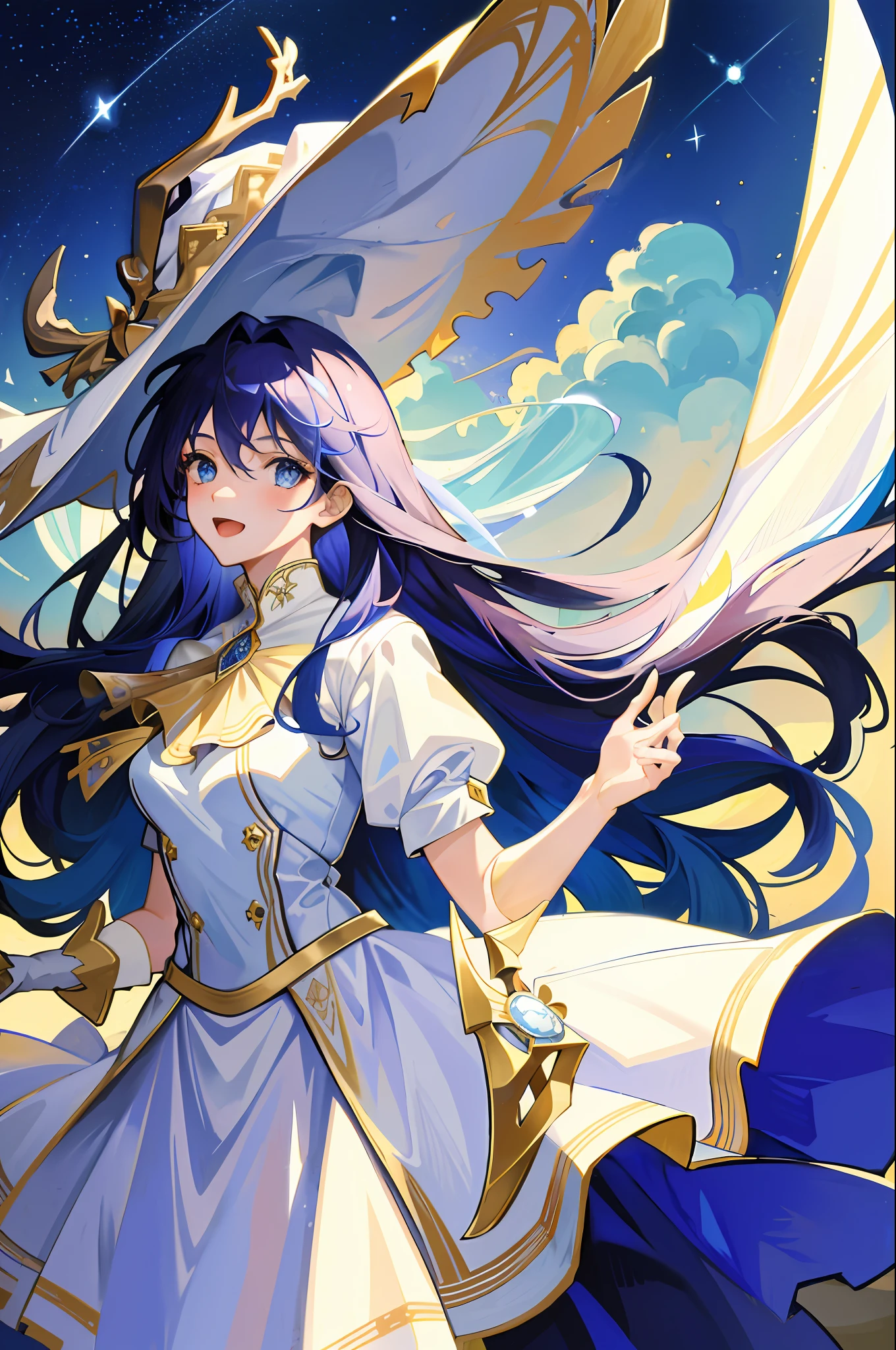 ((masterpiece:1.2, best quality)), 1girl, solo, (witch hat), blue hair, long hair, skirt, bright sun (sky), gloves, sky, white skirt, open mouth, starry sky, blue eyes, ribbon, long hair, red dress, smile, headband, cape, (white deer), magic, spell casting, dark clouds, (impressionists: 1.4), (tarot: 1.3), Alphonse Mucha,