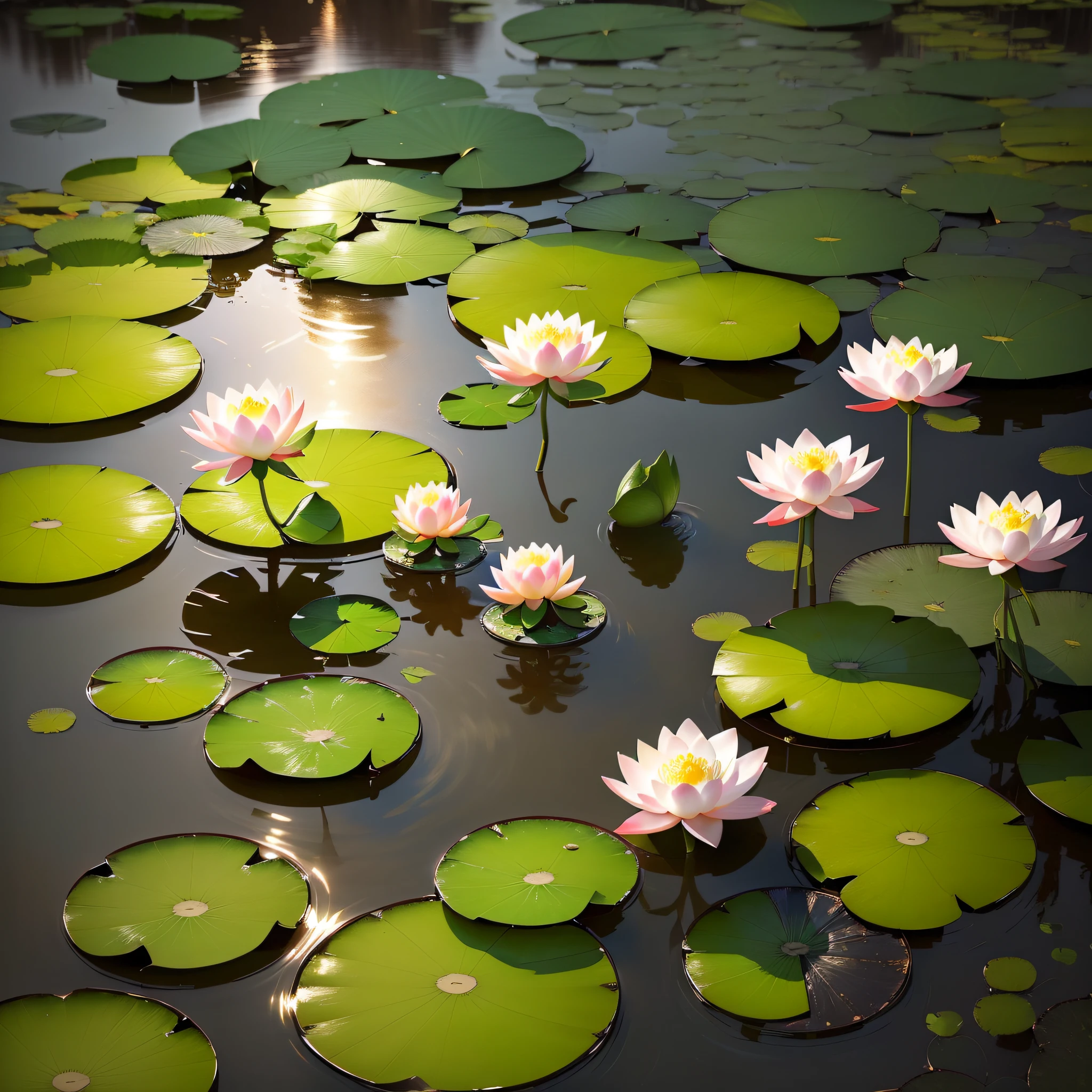 Masterpiece, exquisite, beautiful landscape Deep in the lotus pond, (colorful, vivid, sunny, cool light: 1.2) lotus leaves in the pond. High quality High quality