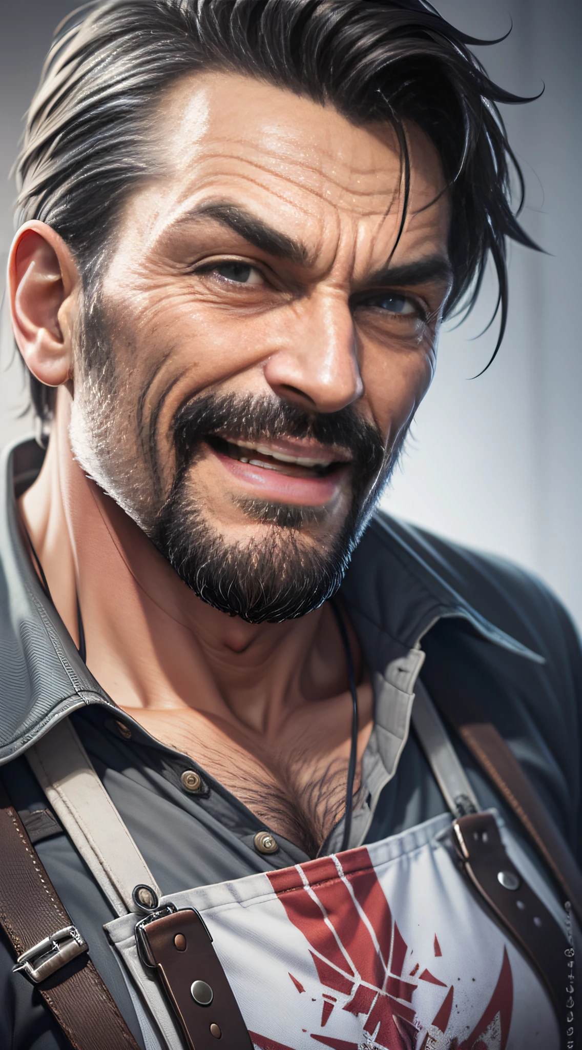 Jagged Killer, A Man, Perverted Butcher, Evil Laugh, Apron, Frontal Portrait, (Epic Reality: 1.2), (HDR: 1.3), (Dark Shot: 0.7), Complex Detail, [[Rutkowski]], Complex, Cinematic, Detail