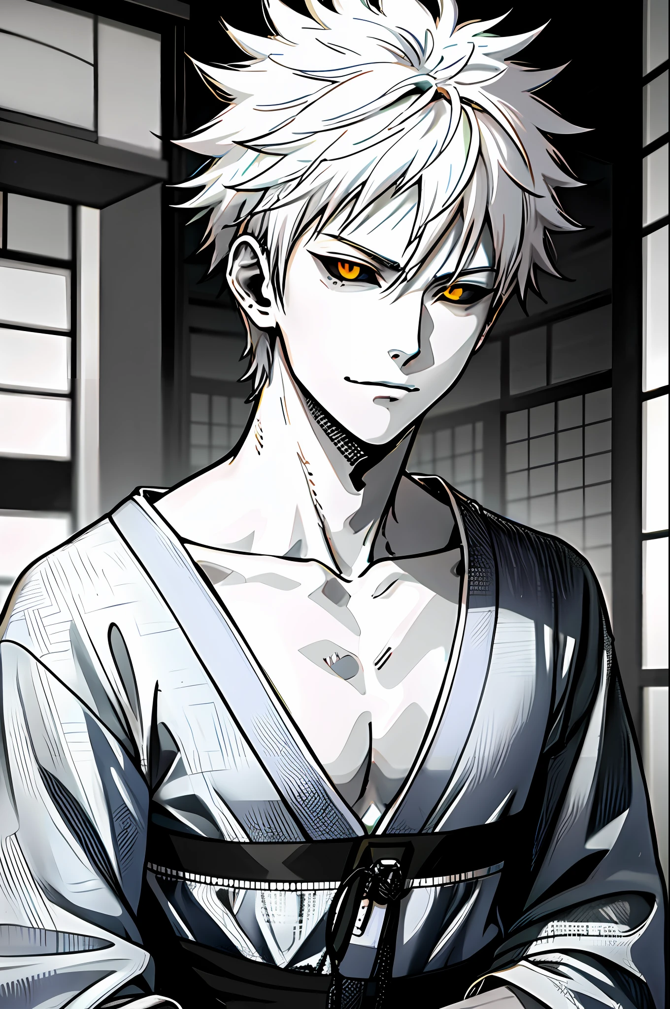 1boy, black sclera, closed mouth, collarbone, colored sclera, grayscale, japanese clothing, looking at the viewer, male focus, monochrome, short hair, smirk, solo, spiked hair, spot color, white hair, upper body, yellow eyes