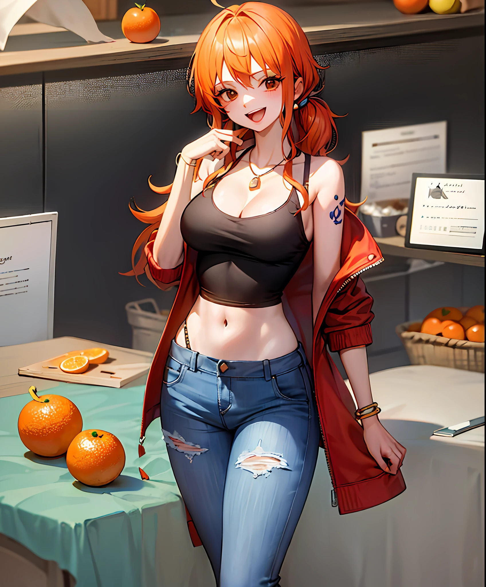 (bestquality,masterpiece) ,NamiOP, jewelry, smile, cleavage, earrings, bracelet, navel, short pants, jeans, :d, groin, holding, closed_eyes, standing, blue_pants, blurry_background, solo_focus, blurry, food, fruit, orange_\(fruit\), holding_food, holding_fruit, mandarin_orange, ((jacket)), eyes open, ((open eyes)), look at viewer, face at viewer, orange hair,