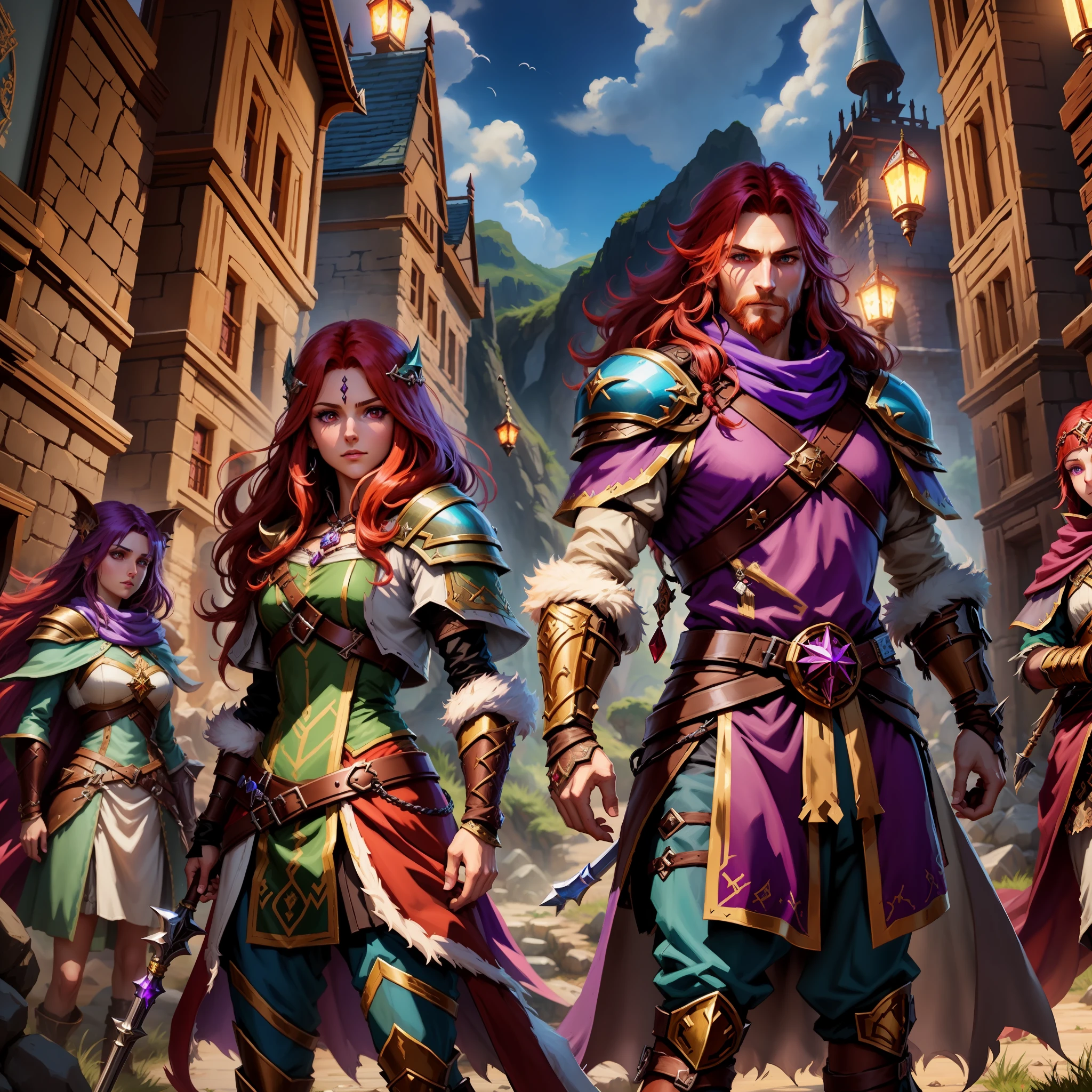 , RPG Game, 2. 5 D CGI Anime Fantasy Art, Dungeons and Dragons Portrait, Coriolios RPG Art Style, Dragonlance Illustration, Epic Art RPG, Key Art, RPG Art, D & D Fantasy Digital Art, Fantasy RPG Book Illustration, Fantasy Art Card Game, Red Hair Witch, Purple Armor
