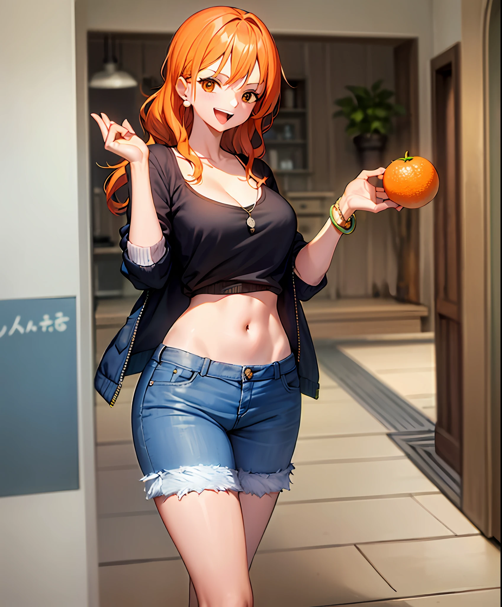 (bestquality,masterpiece) ,NamiOP, jewelry, smile, cleavage, earrings, bracelet, navel, short pants, jeans, :d, groin, holding, closed_eyes, standing, blue_pants, blurry_background, solo_focus, blurry, food, fruit, orange_\(fruit\), holding_food, holding_fruit, mandarin_orange, ((jacket)), eyes open, ((open eyes)), look at viewer, face at viewer, orange hair,