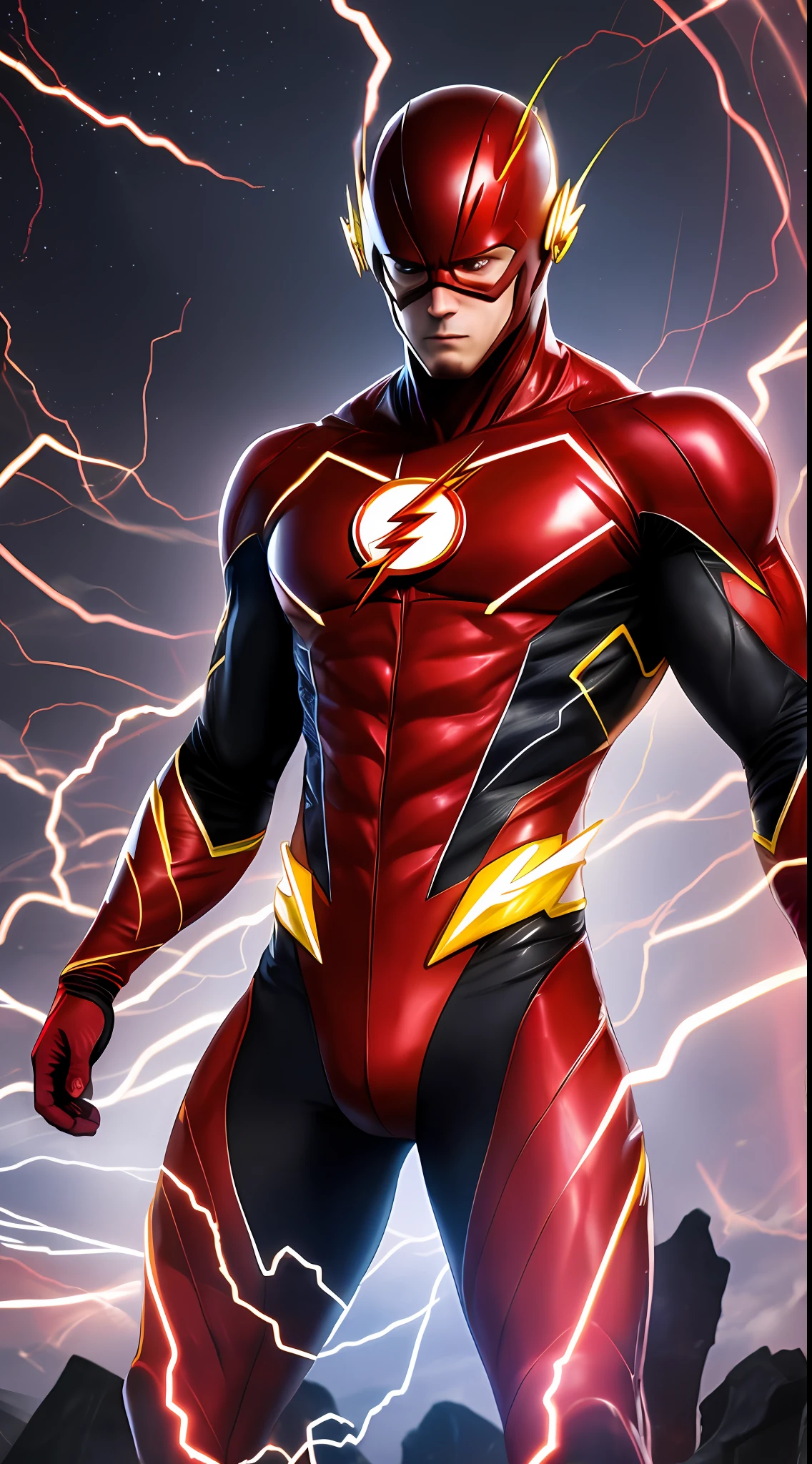 The Flash, best quality, high resolution, tall, muscular, hunk, black and red neon suit, yellow lightning trail, detailed face, detailed suit, masterpiece, tunnle of light in the background, 4k