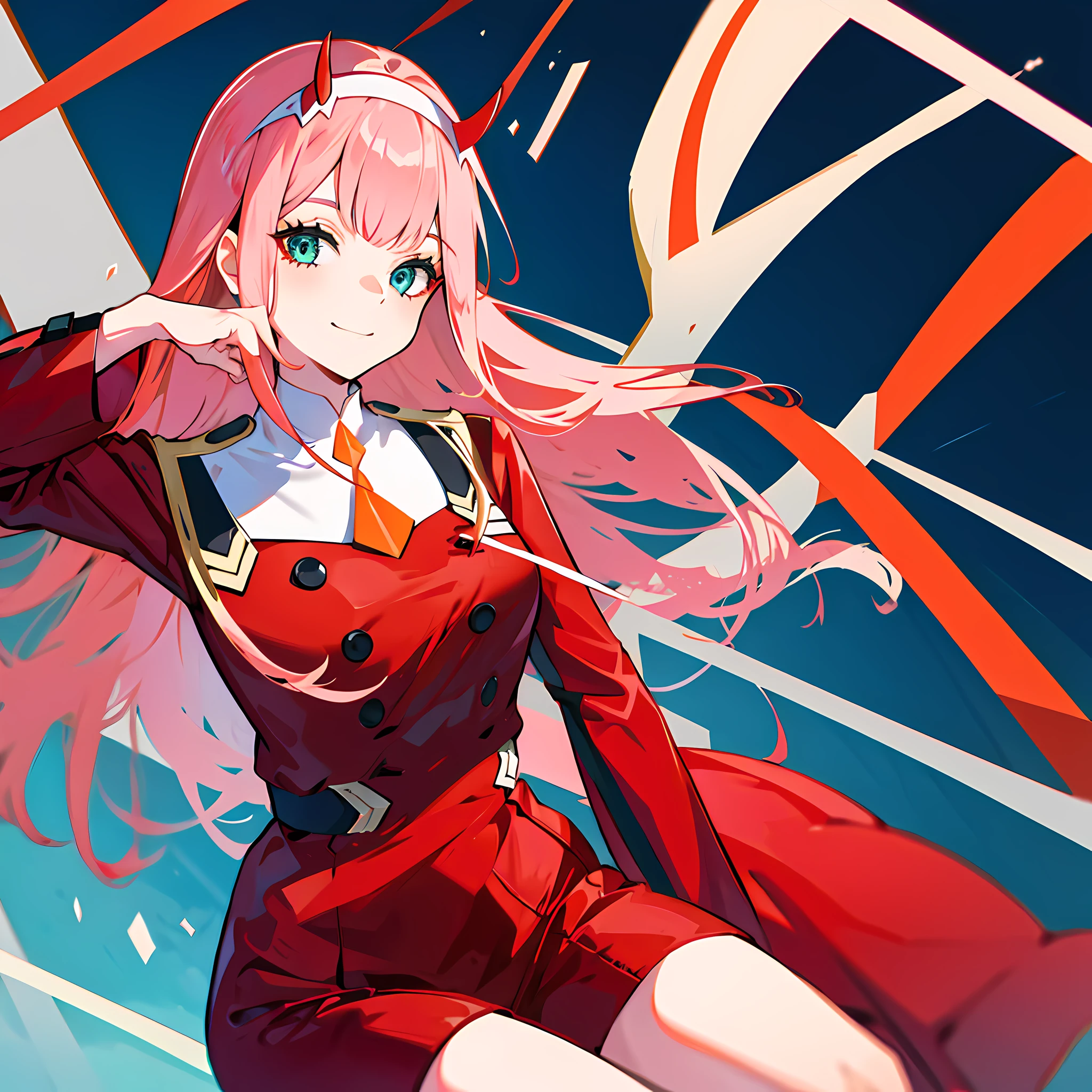 zero two \(darling in franxx\), darling in franxx, 1girl, ascot, fringe, blue background, green eyes, hair band, horns, long hair, long sleeves, looking at viewer, red jacket, closed jacket, military uniform, oni horns, orange ascot, pink hair, red horns, simple background, smile, solo, uniform, white hair band, ((masterpiece)),
