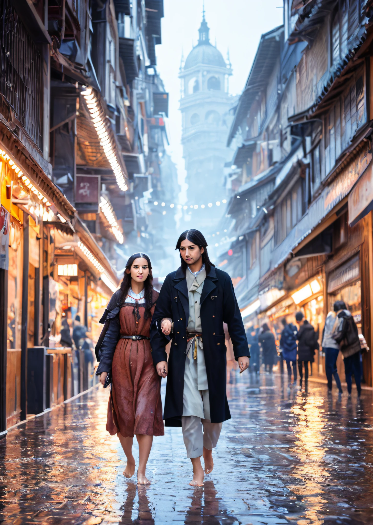 Mona Lisa and a man walking in wet market, gentle expression, full body portrait, barefoot, light streaks falling from the sky, masterpiece, highest quality, high quality, highly detailed CG unit 8k wallpaper, award winning photo, bokeh, depth of field, HDR, flood, chromatic aberration, realistic, very detailed, art station trend, CGsociety trend, complex, high detail, dramatic, midway art, volumetric lighting