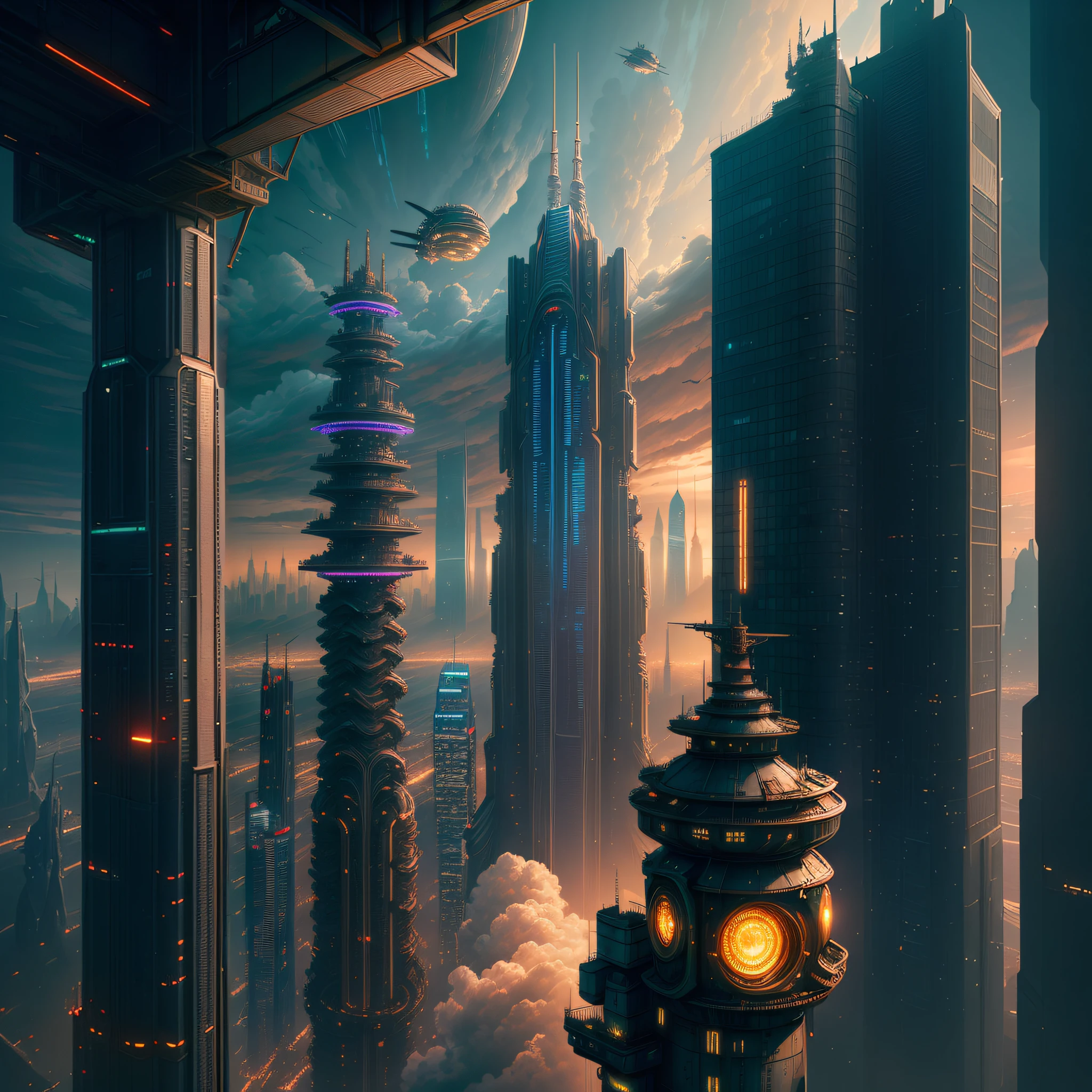 futuristic city with a clock tower and a futuristic spaceship flying over it, in fantasy sci - fi city, arstation and beeple highly, greg beeple, 3 d render beeple, by Mike "Beeple" Winkelmann, inspired by Mike "Beeple" Winkelmann, futuristic cityscape, futuristic metropolis, futuristic city scape