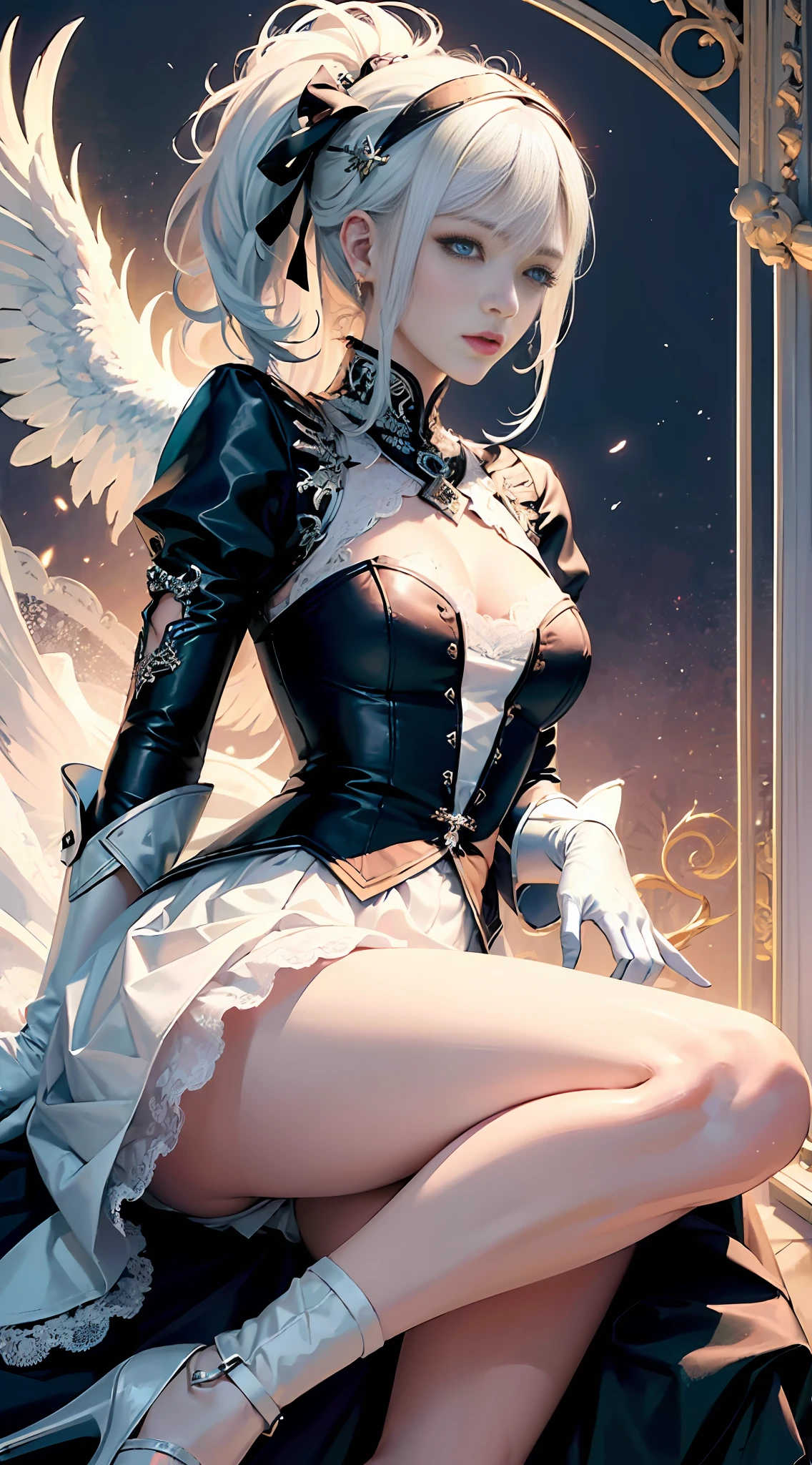 (sexual innuendo,masterpiece, top quality, best quality, official art, beautiful and aesthetic:1.2), (1girl), extreme detailed,(fractal art:1.3), colorful, highest detailed, white hair, white lace skirt, miniskirt,micro skirt,white gloves,lace thighs,high heels --auto --s2