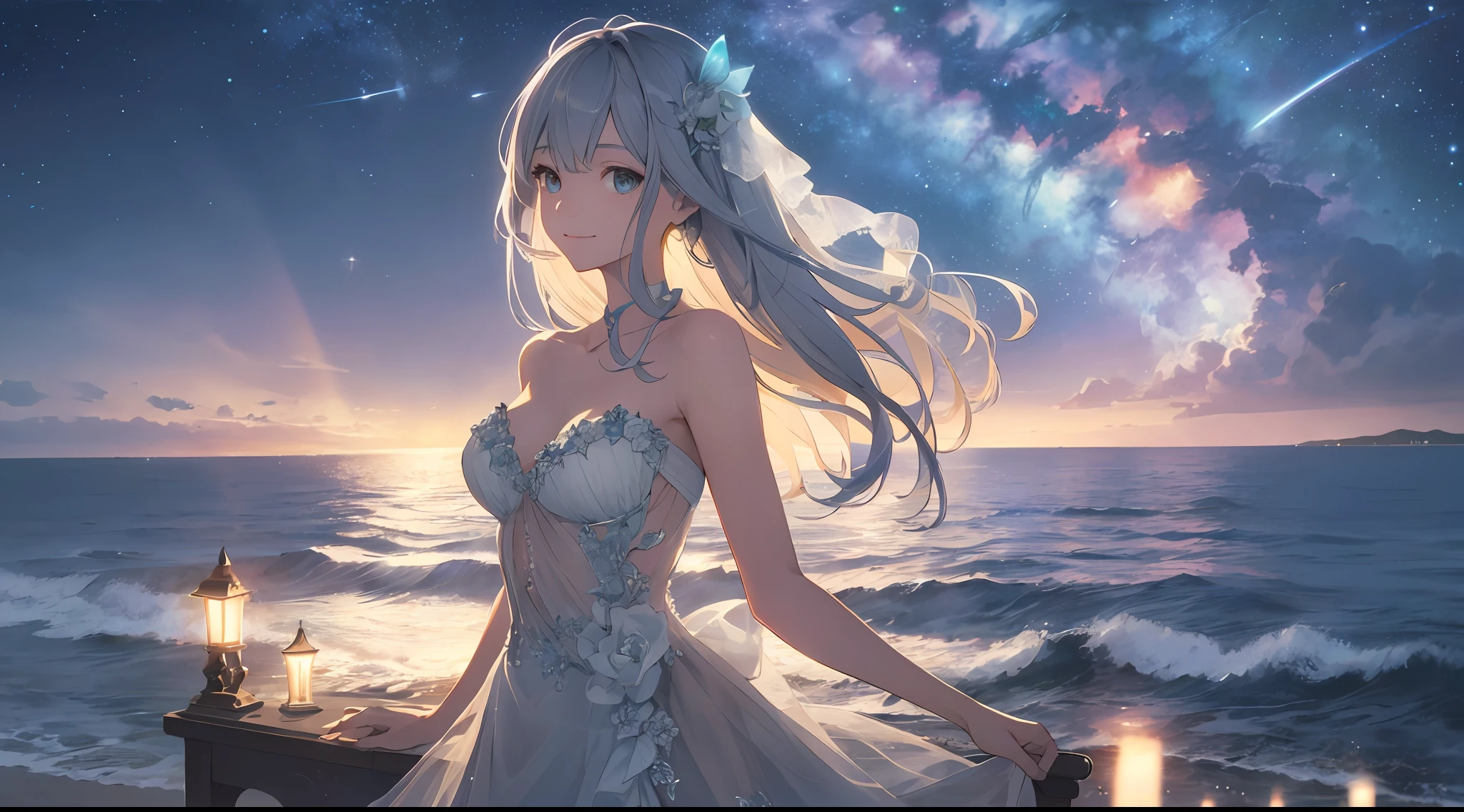 (Best Quality: 1.5), (Ultra Detail: 1.5), (Best Quality Photo: 1.5), One white lighthouse standing on the cape, the ocean as far as the eye can see, horizon, pitch black sea, full moon night, rainbow, late night, scenic beauty, beautiful landscape, galaxy, nebula, full of stars, light particles, very delicate and beautiful, very detailed, bioluminescence, cinematic light, mysterious, cinematic angle, 8k resolution, elegant, perfect, smooth, beautiful girl looking far away, very cute, smile, (delicate and beautiful eyes: 1.2), (girl: 1.5),lace,ribbon,strapless,luxury accessories