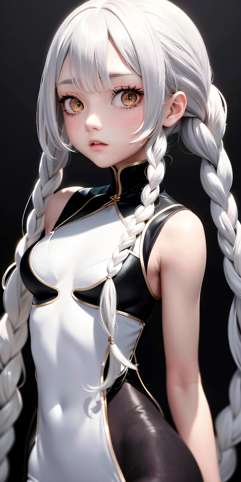 Top quality, masterpiece, gray hair, gold-eyed, white thin soft clothes, looking up, upper body, hair strands, fair skin, side braids, taut pointed small breasts, goth loli, mine system, one girl, complete anatomy