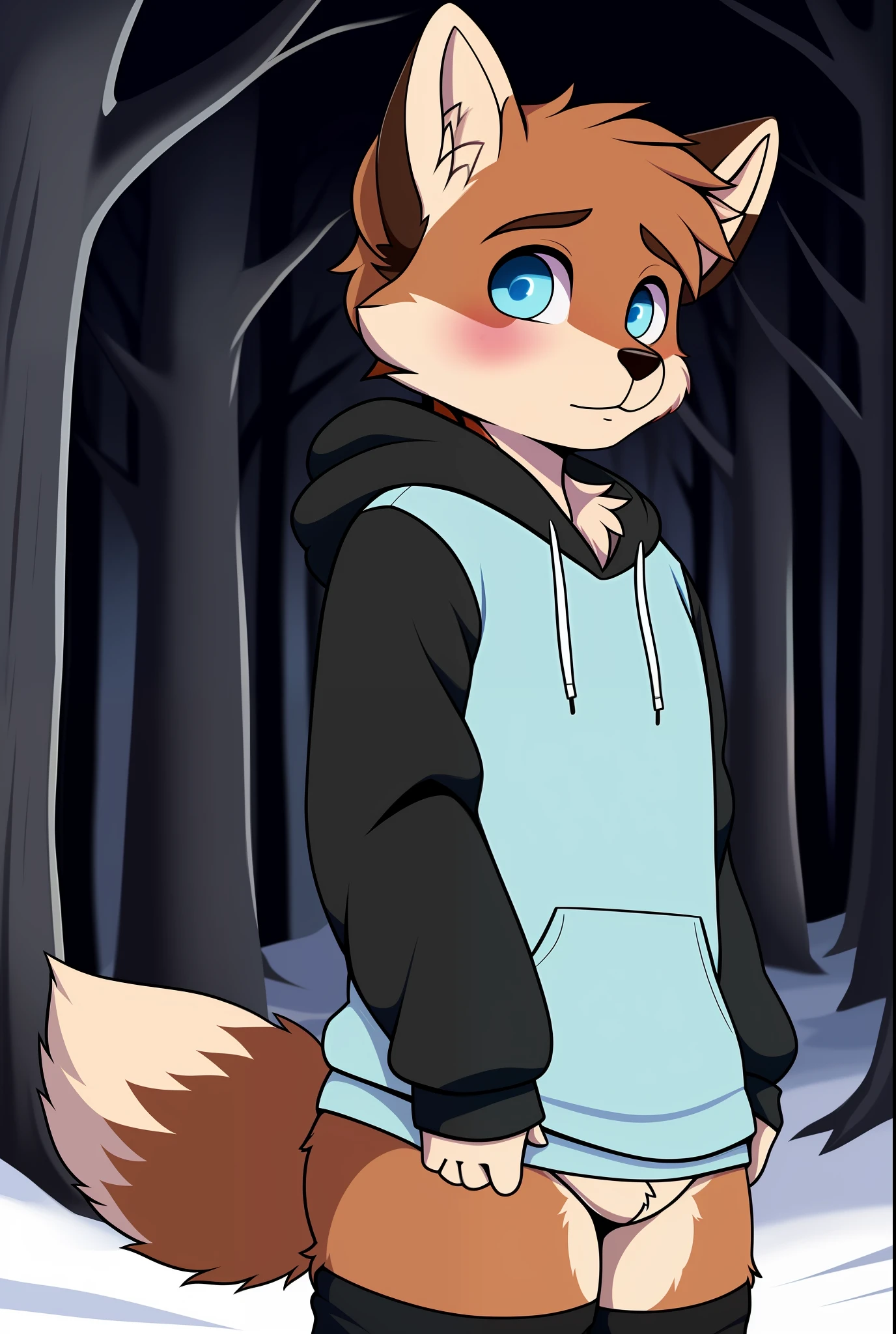 fox, femboy, sky blue eyes, multicolored fur, white fur, dark brown fur, black fur, wearing a hoodie, in a enchanted forest, solo,