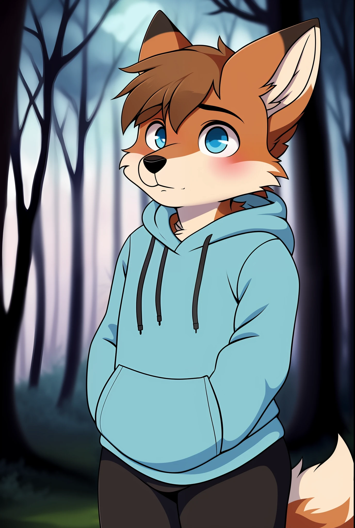 fox, femboy, sky blue eyes, multicolored fur, white fur, dark brown fur, black fur, wearing a hoodie, in a enchanted forest, solo,