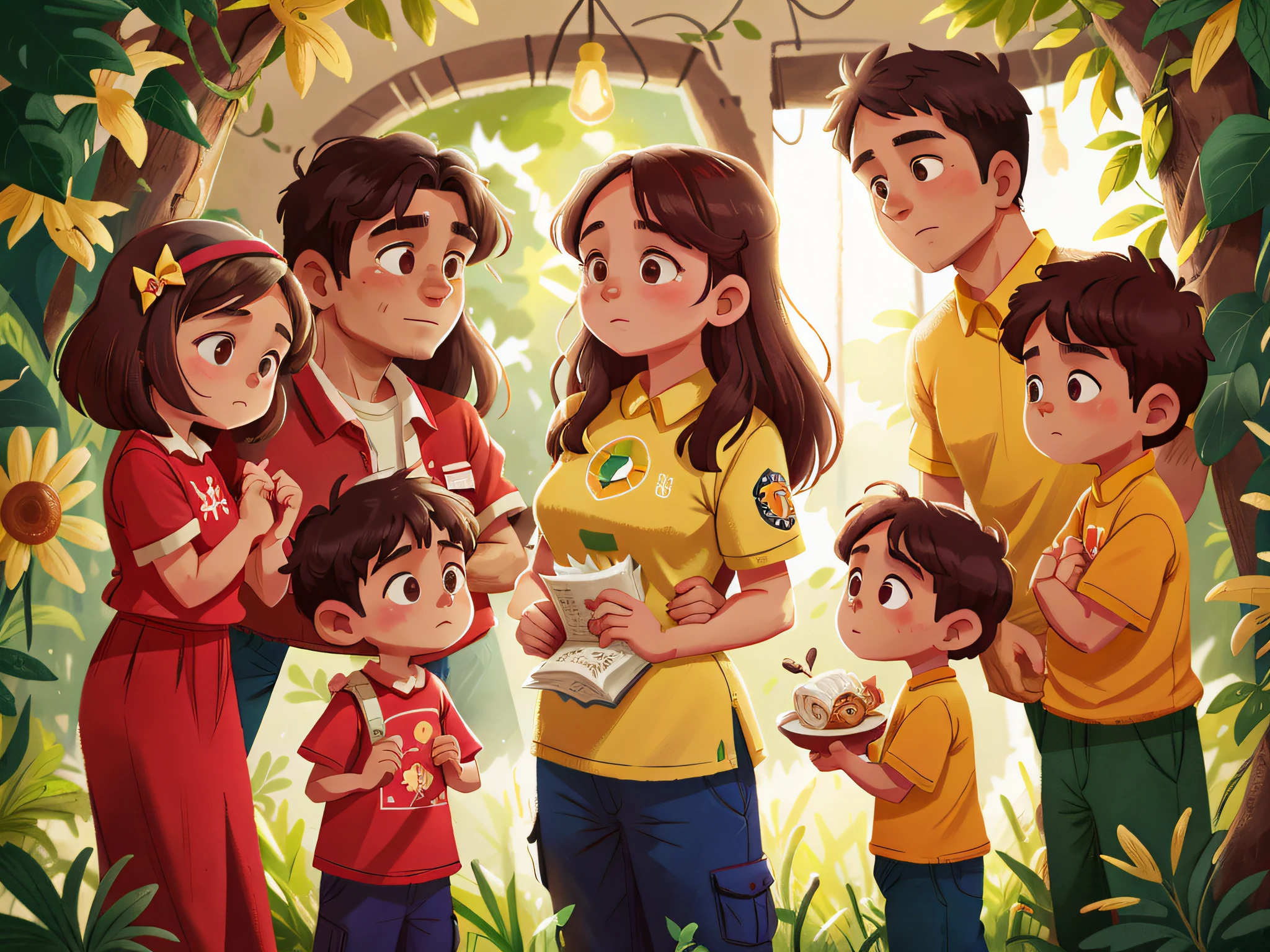 A traditional Brazilian Christian family, 1 father, 1 mother, 1 14-year-old son and 2 3-year-old twin girls, all brunettes.