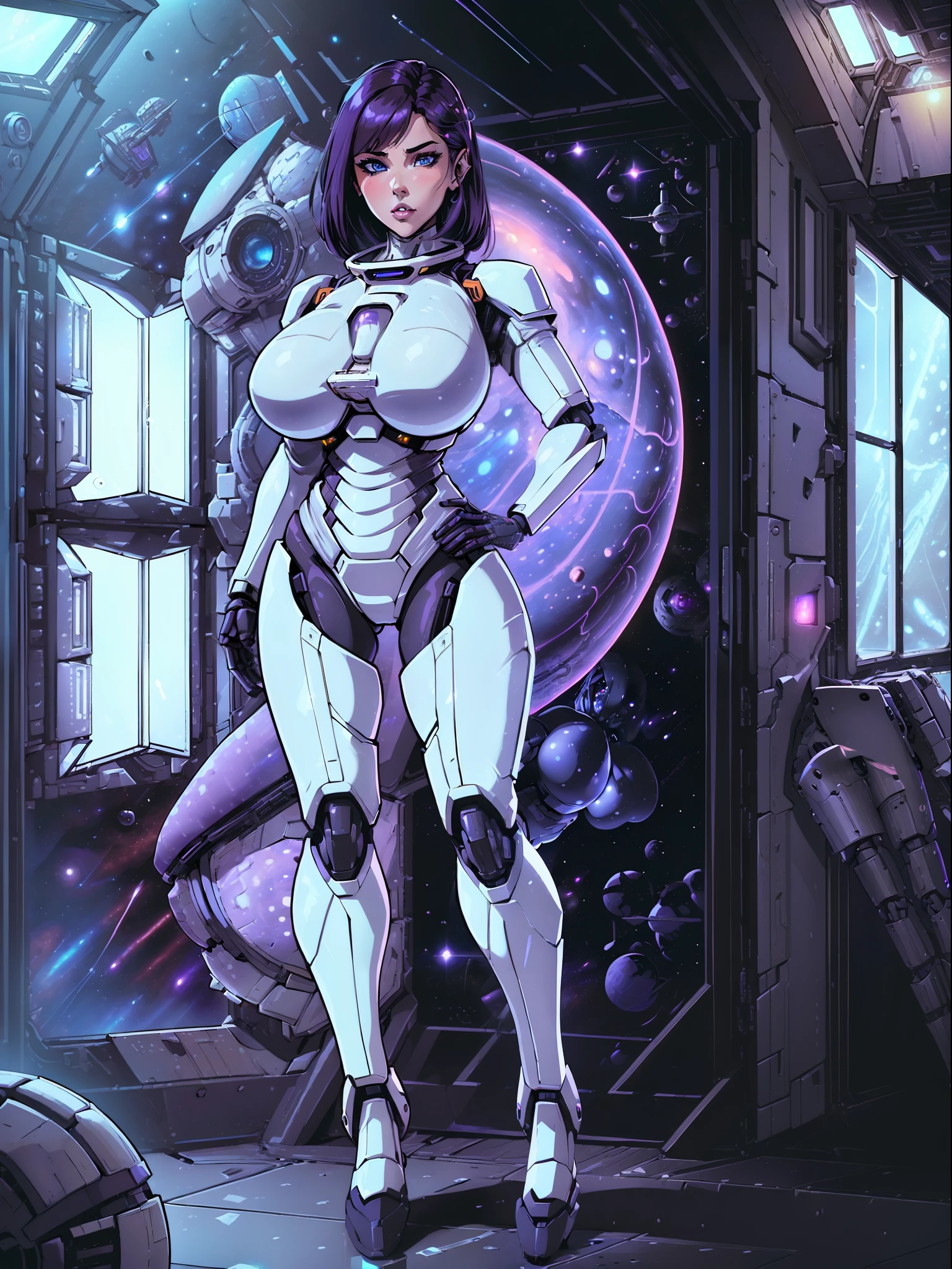 (full body photo:2), (one/woman/mechanical:1.8), (extremely large breasts:1.8), (all mechanical body:2), (with bionic armor:1.5), white with black gears, (she is inside a spaceship near the window seeing outer space:2), (she has very short purple straight hair:1.4), (blue eyes:1.4), (moaning:1.5), (blush:1.5), (is doing sensual poses standing up for the viewer:1.5),    anime style, Anime, 16k, high quality, textured skin, UHD, award-winning