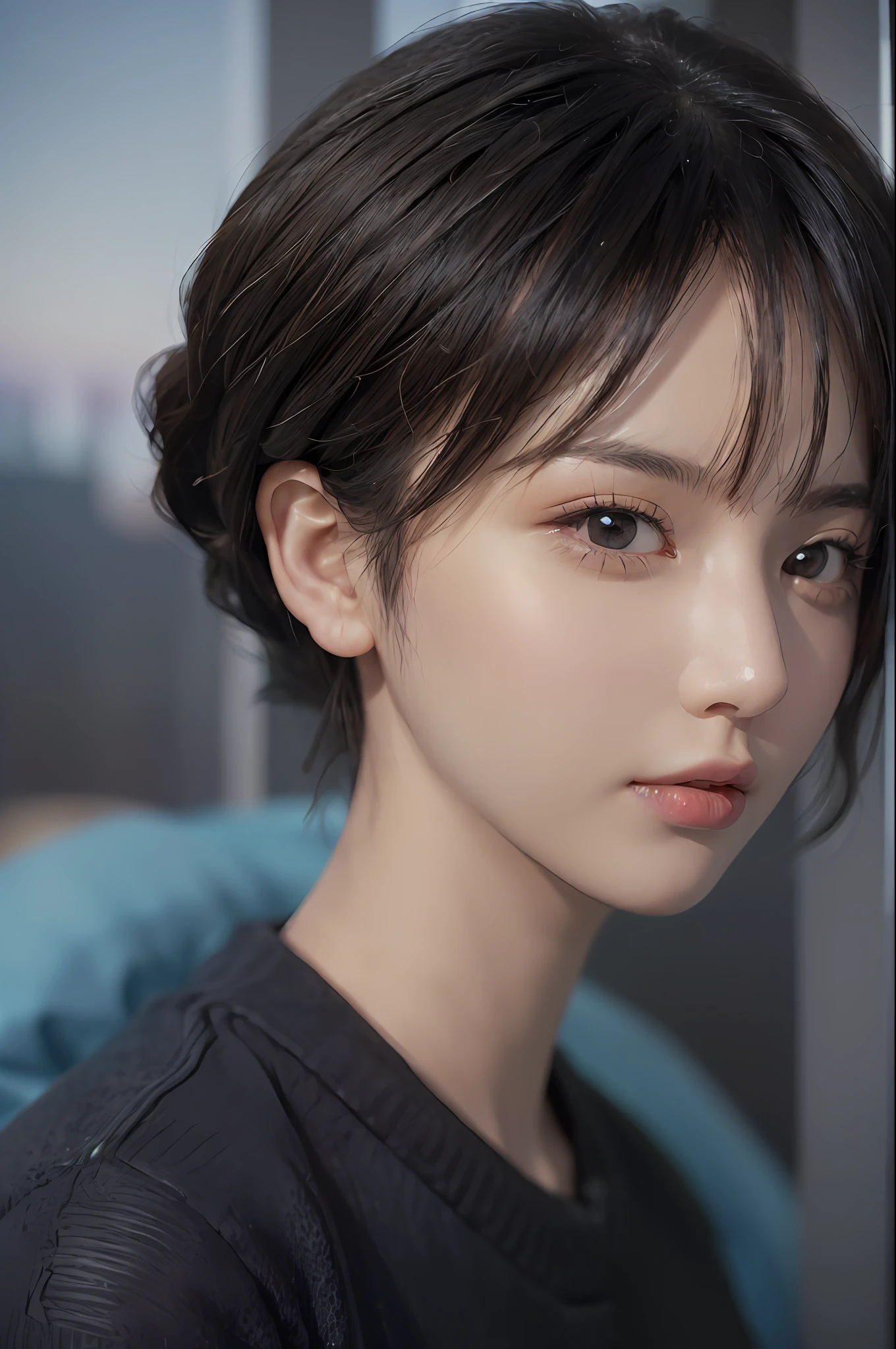 (masterpiece:1.3), (8k, photorealistic, RAW photo, best quality: 1.4), (1girl), beautiful face, (realistic face), (black hair, short hair:1.3), beautiful hairstyle, realistic eyes, beautiful detailed eyes, (realistic skin), beautiful skin, (sweater), absurdres, attractive, ultra high res, ultra realistic, highly detailed, golden ratio