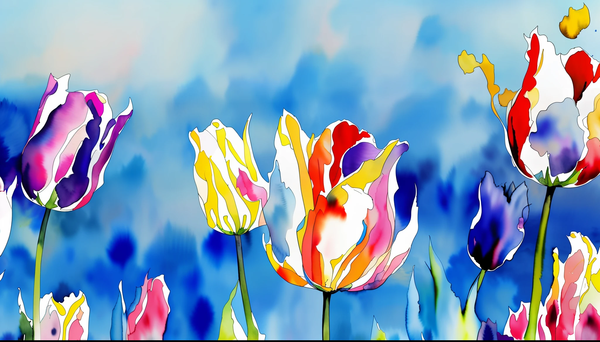 tulip flowers, garden landscape, no human, blue sky, digital art, blowing in the wind, masterpiece, beautiful, (((watercolor)), paint, splatter, intricate details. Great detail, [Drip: 0.7]