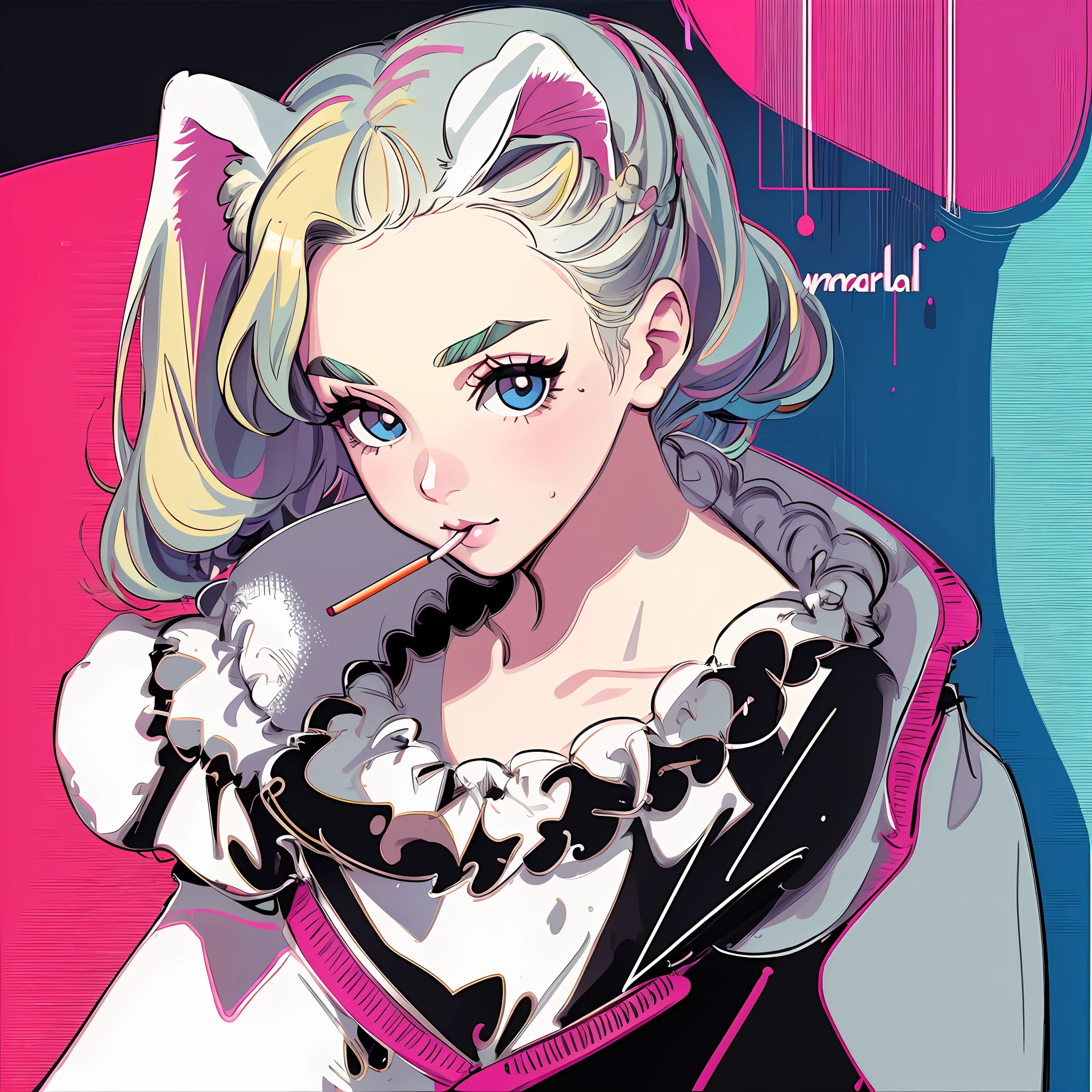 Andy Warhol, cigarette, small, female brat, thick eyebrows, thin waist, pigtails, beautiful blonde, braid, rabbit ears, (masterpiece), ((best quality)), (super detailed), girl, clean and detailed face, five fingers, textile shading, perfect human structure, perfect anatomy,