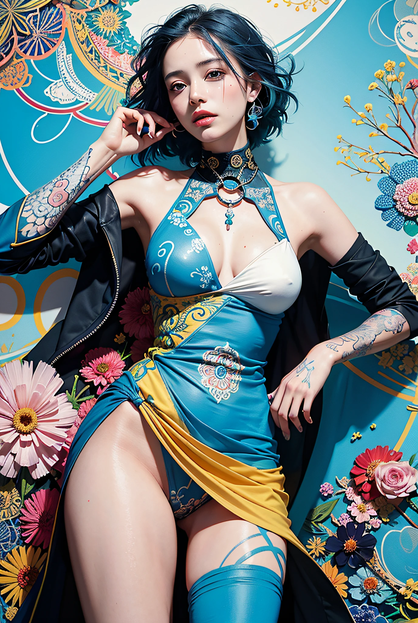 a woman with blue hair wearing a colorful outfit and a colorful background with paint splatters on it, by Hirohiko Araki,official art, unity 8k wallpaper, ultra detailed, beautiful and aesthetic, masterpiece, best quality, (zentangle, mandala, tangle, entangle), 1girl, extremely detailed, dynamic angle, cowboyshot, the most beautiful form of chaos, elegant, a brutalist designed, vivid colours, romanticism, by james jean, roby dwi antono, ross tran, francis bacon, michal mraz, adrian ghenie, petra cortright, gerhard richter, takato yamamoto, ashley wood, atmospheric, ecstasy of musical notes, streaming musical notes visible