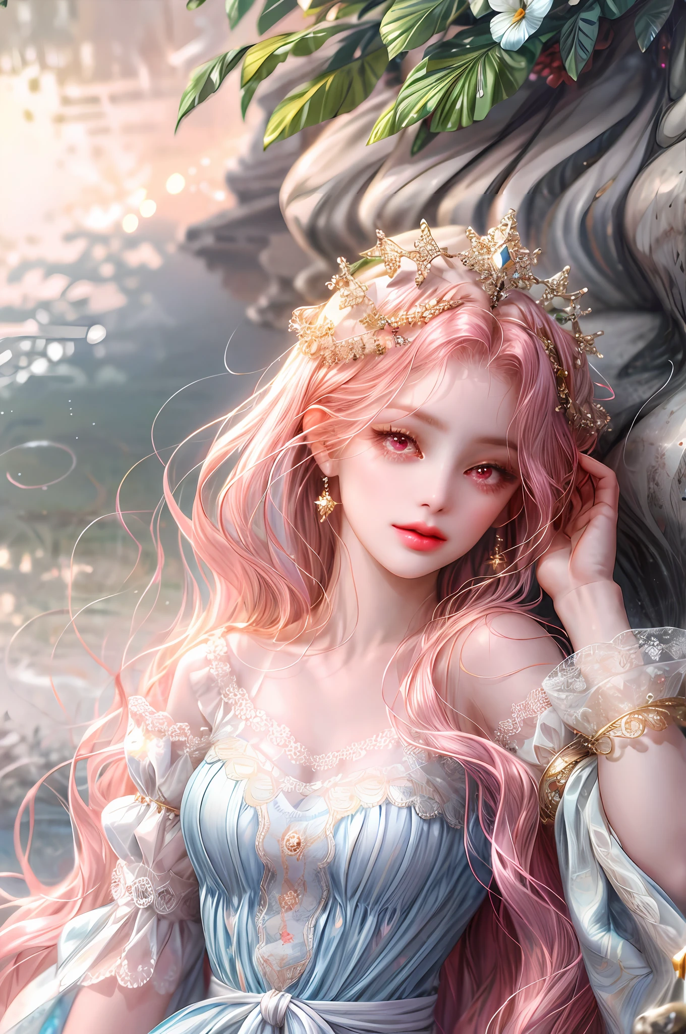 ( High quality , ultra detailed, careful with hand )Zodiac - Pisces goddess , similar to latin goodness . Sensible, placid, easygoing warm-hearted face . Dreamy, obsessive, restless, lack of self-confidence. style . Dark pink eyes (eyes detail) , light pink hair , long wavy hair, transparent dress , in the river with two fishes , whole body , light make up look .