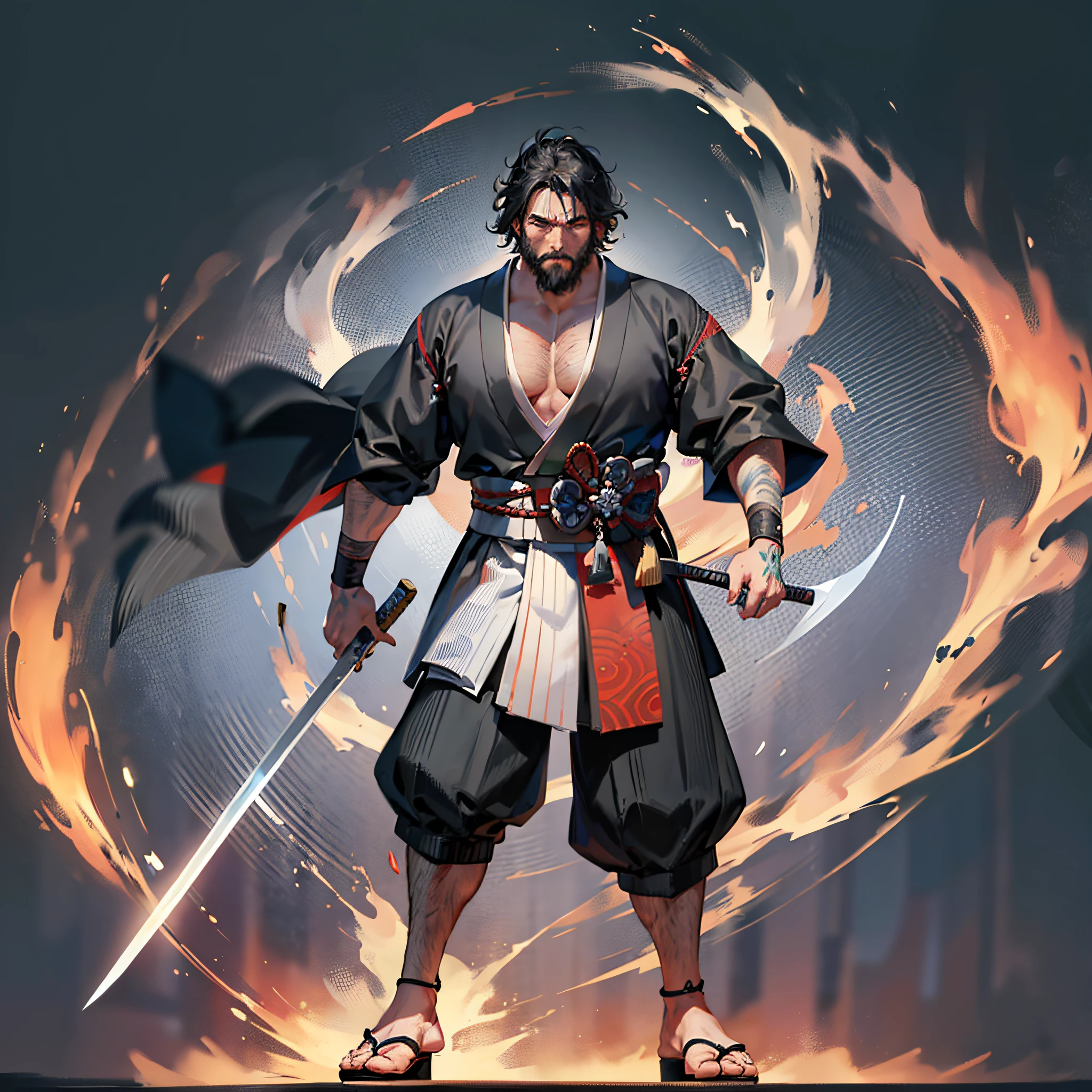 It is a full-body painting with natural colors in the style of ukiyo-e. A Japan samurai with a large body like a strongman. He has a rough face, short black hair, and a short, trimmed beard. He wears a black kimono. The hakama should be a little longer and draw in a flowing shape that flutters in the wind. He holds a sword in his right hand with flames coming out of his Japan sword. The background is a swirling flame in Katsushika Hokusai style. Masterpiece high-resolution ukiyo-e style, with the highest quality --auto --s2